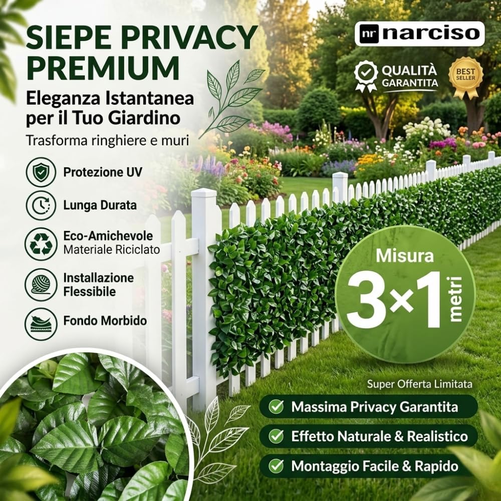 NARCISO Siepe Artificiale da Esterno Set 3pz 1x3 Metri, Siepe Finta per Recinzione Giardino Esterno, Edera in PVC Perfetta per Garantire Privacy Copri Ringhiera Balcone e Frangivista Giardino
