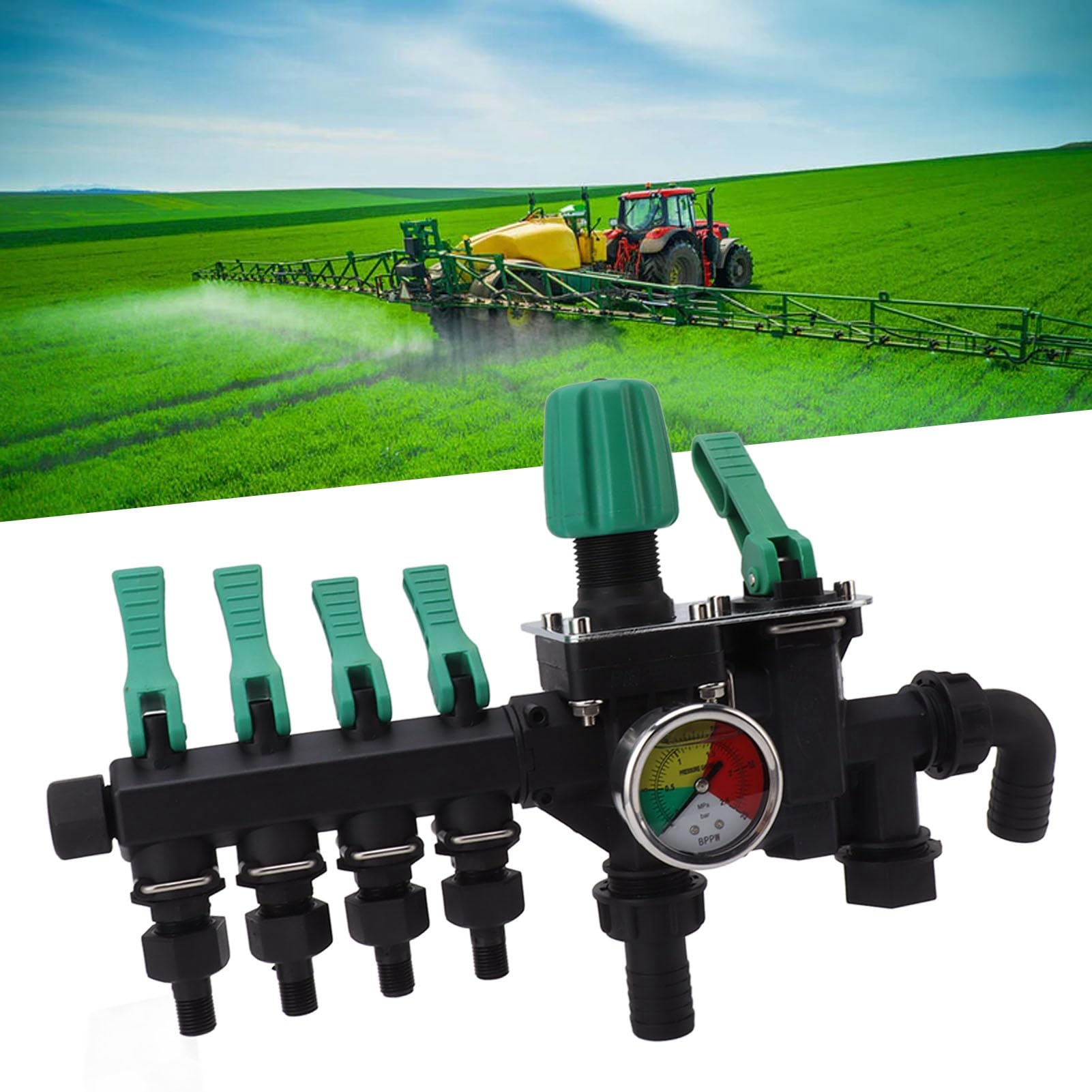 Colectores de Manguera Divisor de Espiga de 4 vías Válvula de distribución de Agua Duradera Resistente a la oxidación con interruptores Independientes y manómetro para Granja,