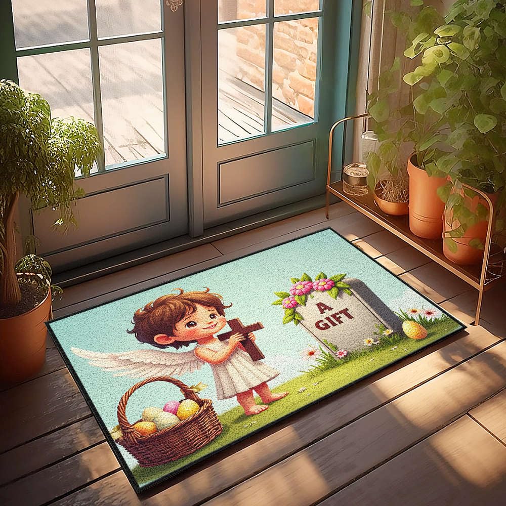 Paillasson Ange et croix pour tombe (50x80 cm) tapis d'automne extérieur et intérieur résistant