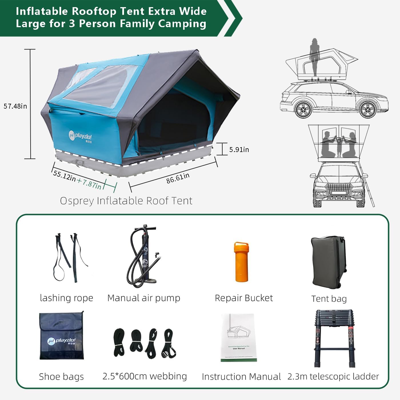 PlayDo Inflatable Rooftop Tent Easy Set Up Pop Up Roof Tent Air Extra Wide Large for 3 Person Family Camping Waterproof Cotton Tents for Truck Car SUV with Light, Skylight