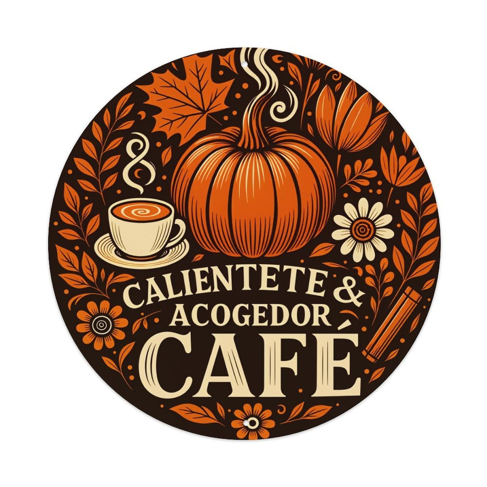 Pumpkin Coffee Autumn Leaves Flowers Vintage Metal Tin Sign Retro Wall Decor for Home Bar Garage Cafe, Indoor & Outdoor Decorative，circle Metal Poster, 8x8 Inch