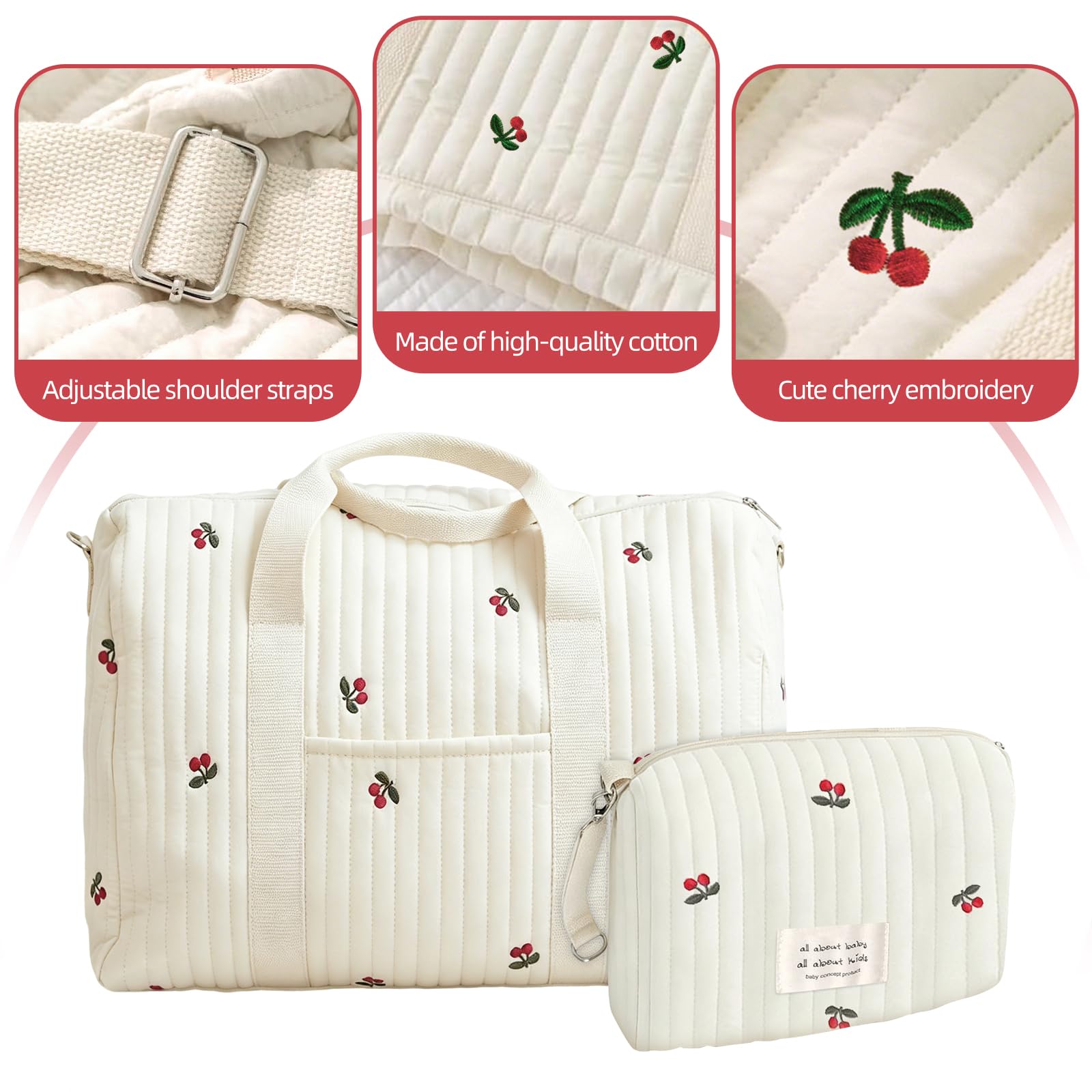 Borsa Parto Ospedale Cotone Trapuntato Ricamo Ciliegia Set 2 Pezzi Maternità Passeggino Viaggio Cambio Neonato Stile Coreano