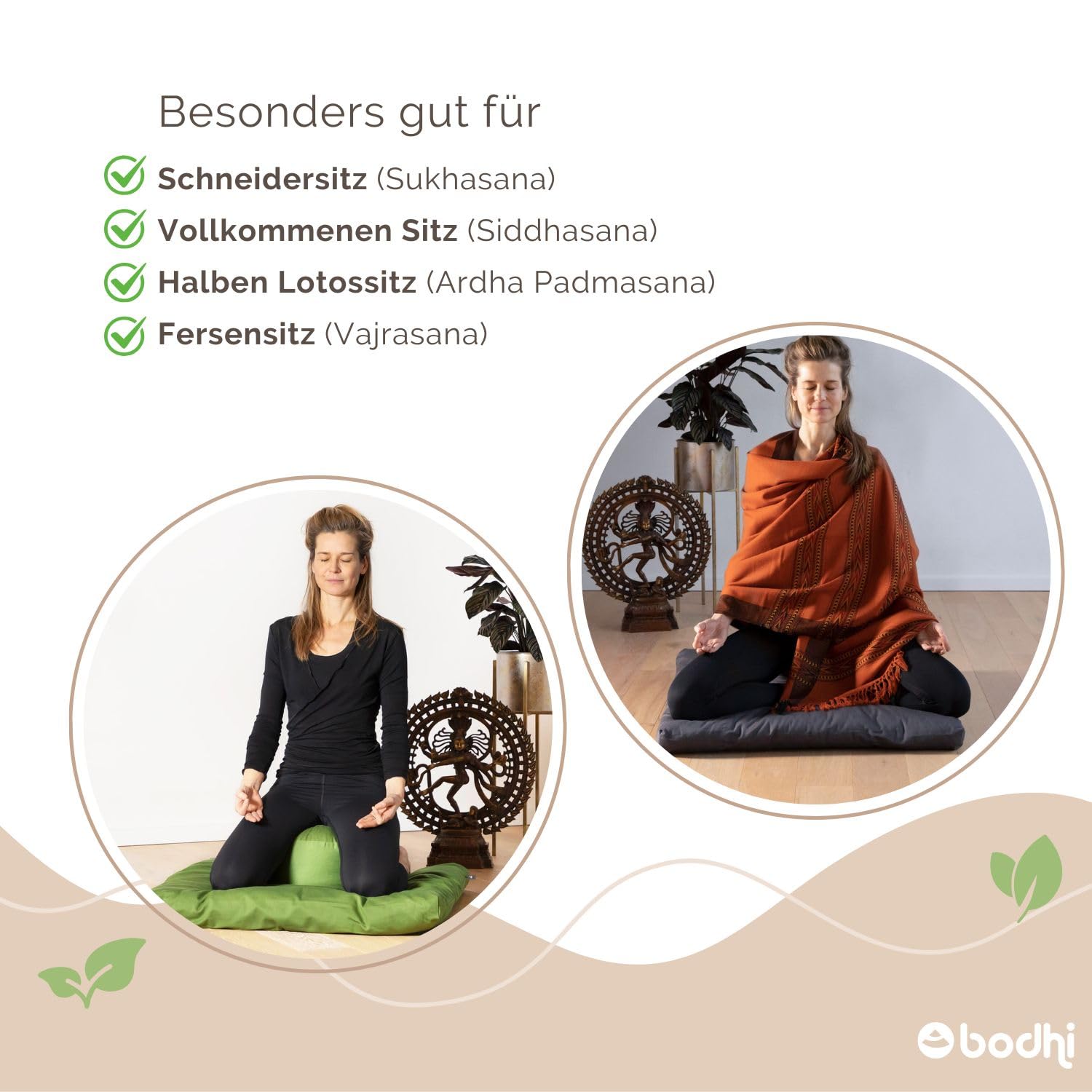 Bodhi Meditations-Set | ECO Serie | Meditationsmatte (Zabuton) & Rondo Meditationskissen | Mit Bio-Dinkelfüllung | Bezug aus 100% Bio-Baumwolle | Meditationsunterlage & Kissen (Light Taupe)