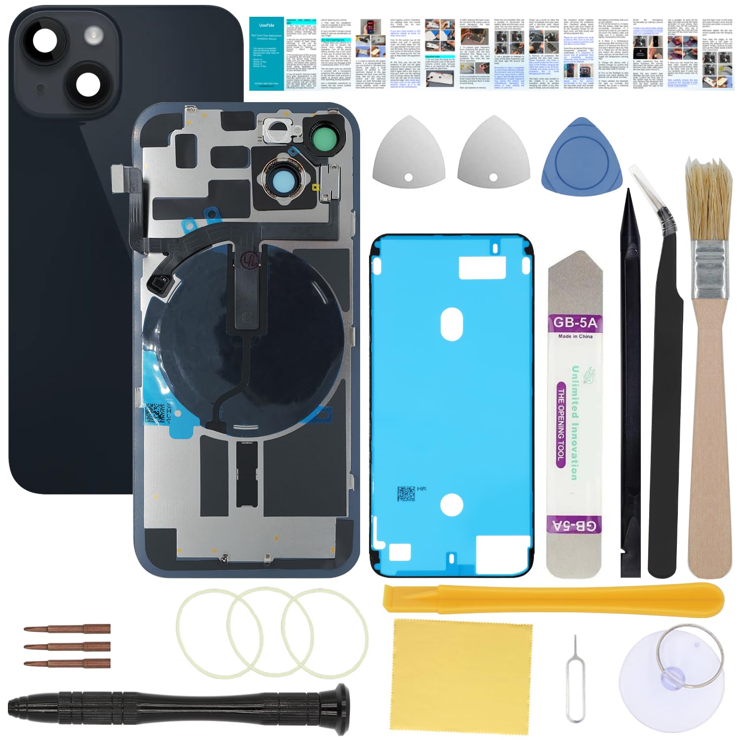 Back Glass Replacement Compatible with iPhone 14 Plus 6.7-Inches All Carriers with Pre-Installed Plate +Wireless Charging Coil Flex Cable +Flashlight +Microphone +Camera Frame +Tools(Midnight)