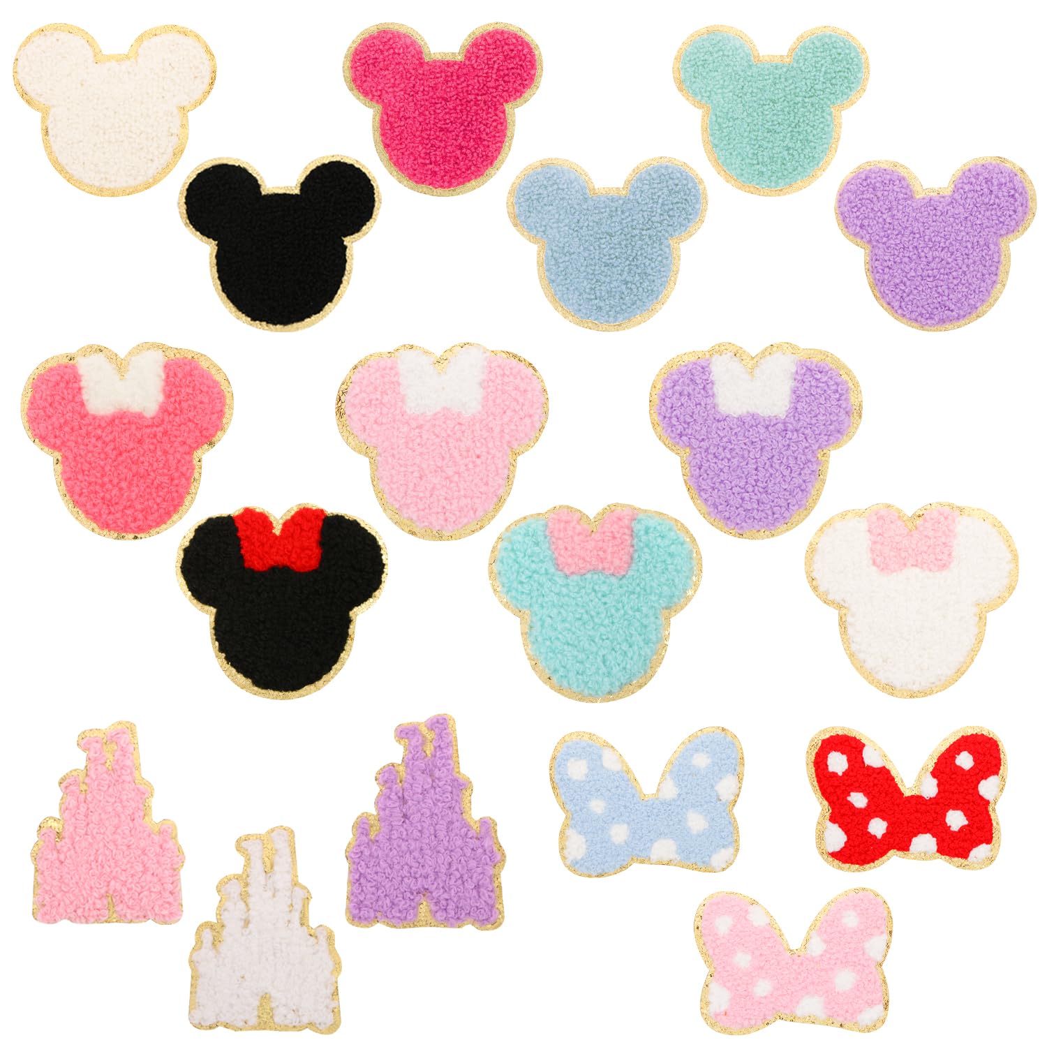 Photo 1 of 18PCS Colorful Bowknot Mouse Chenille Iron on Patches, UHOMENY Cute Bow Mouse Head Embroidered Patches Set Sew on Embroidered Applique Patches Gold Trim Iron on Patches for Clothing DIY