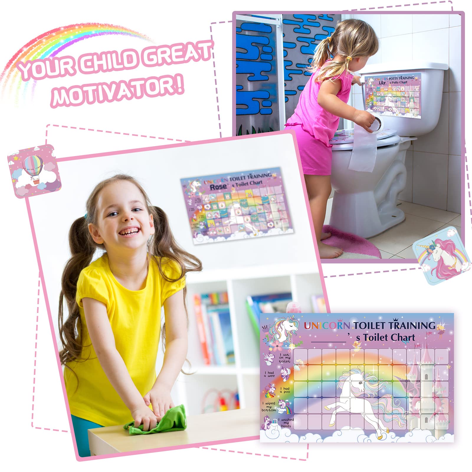 8 Pieces Unicorn Reward Chart with Stickers Includes 4 Pieces Unicorn Potty Training Charts, 4 Sheets/ 240 Pieces Reward Chart Reusable Rainbow Stickers for Little One's Behavior Training - Image 4