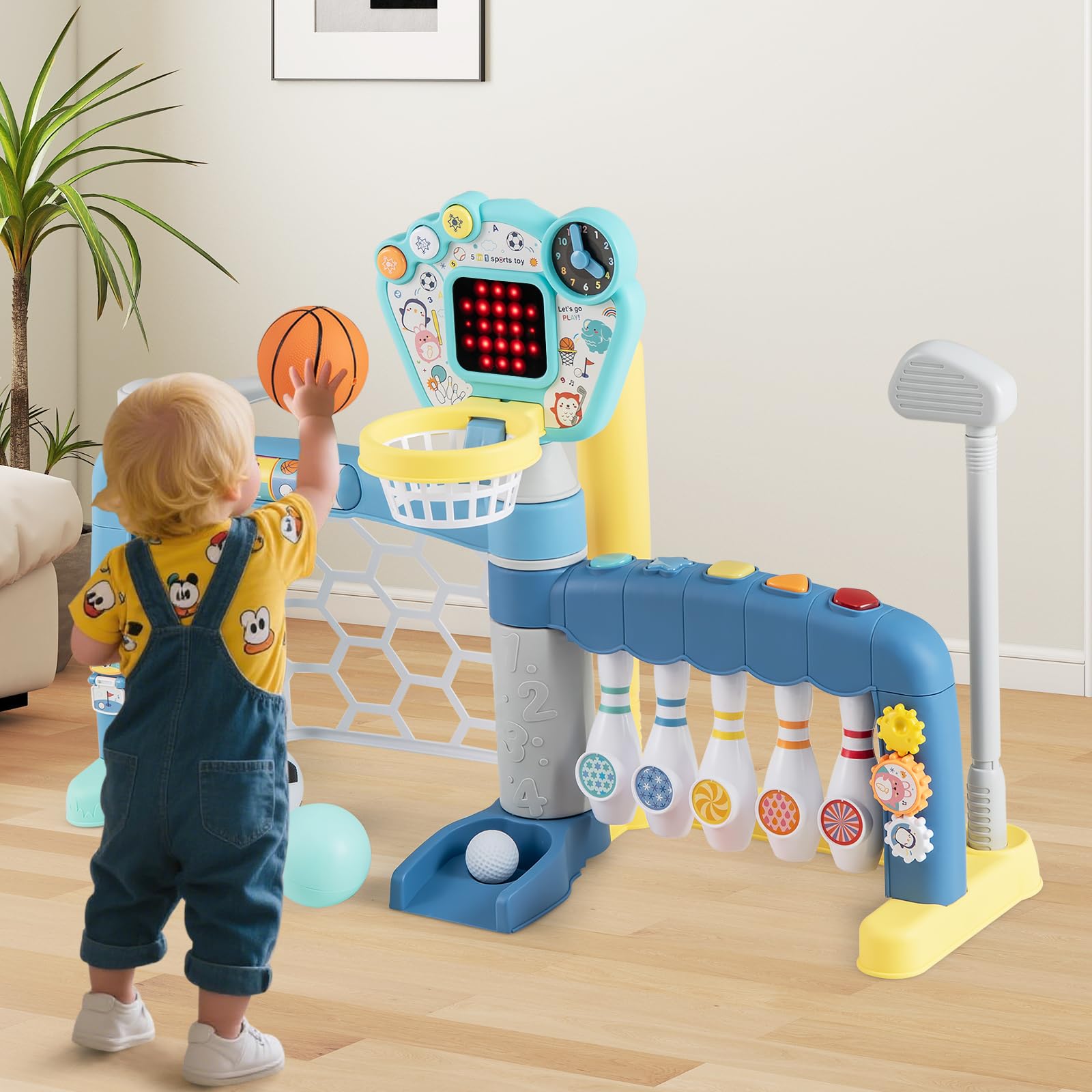 GOPLUS Juguetes Deportivos para Niños, Centro de Actividades 5 en 1 con Baloncesto, Fútbol, Bolos, Béisbol y Golf con Luces y Sonidos, para Niños de 1-3 Años