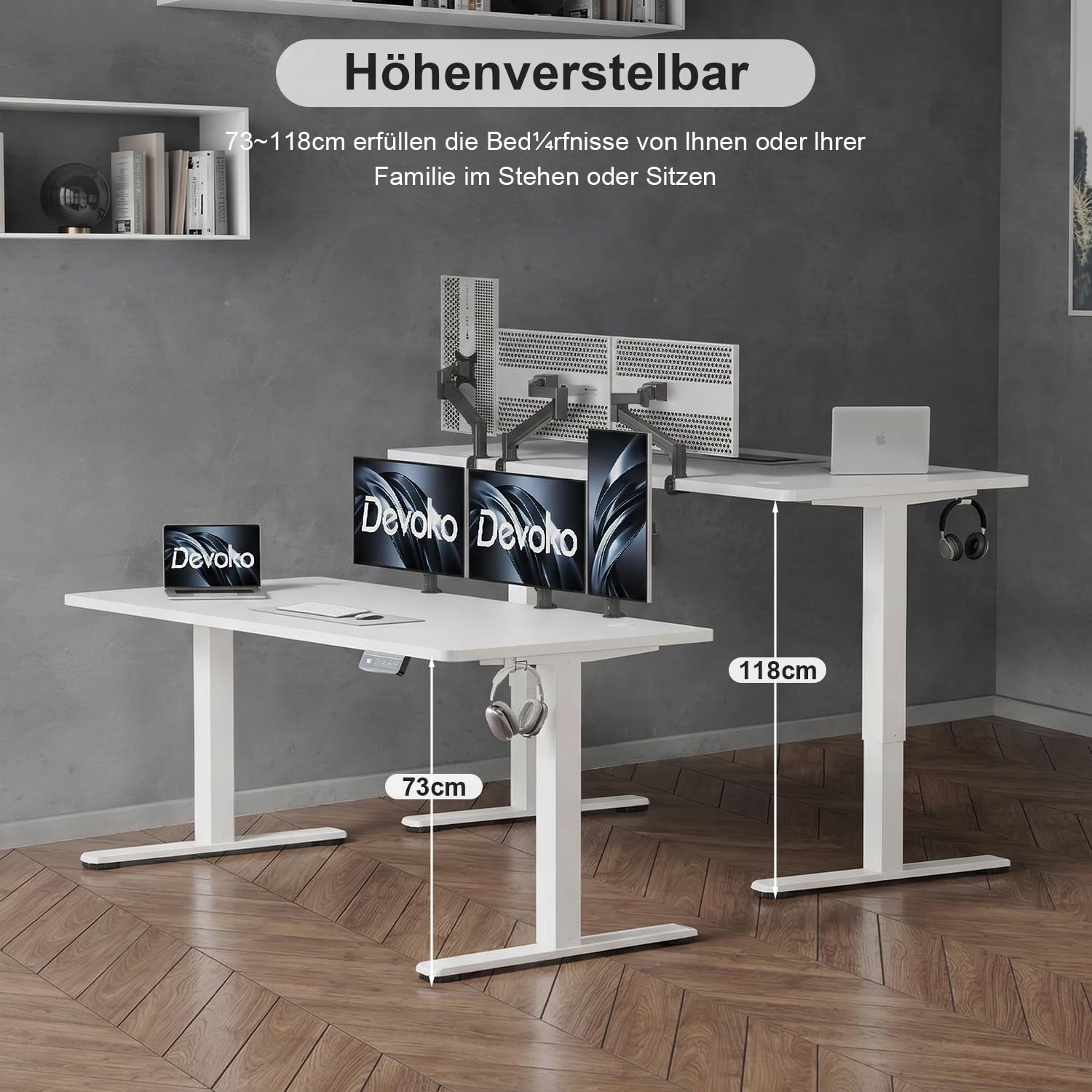 Devoko Elektrisch Höhenverstellbarer Schreibtisch 160 x 60 cm – Stabiler Stehschreibtisch ohne Wackeln, Leise Höhenverstellung für Home Office, 71–119 cm, 2-Memory-Funktion Computertisch, Weiß
