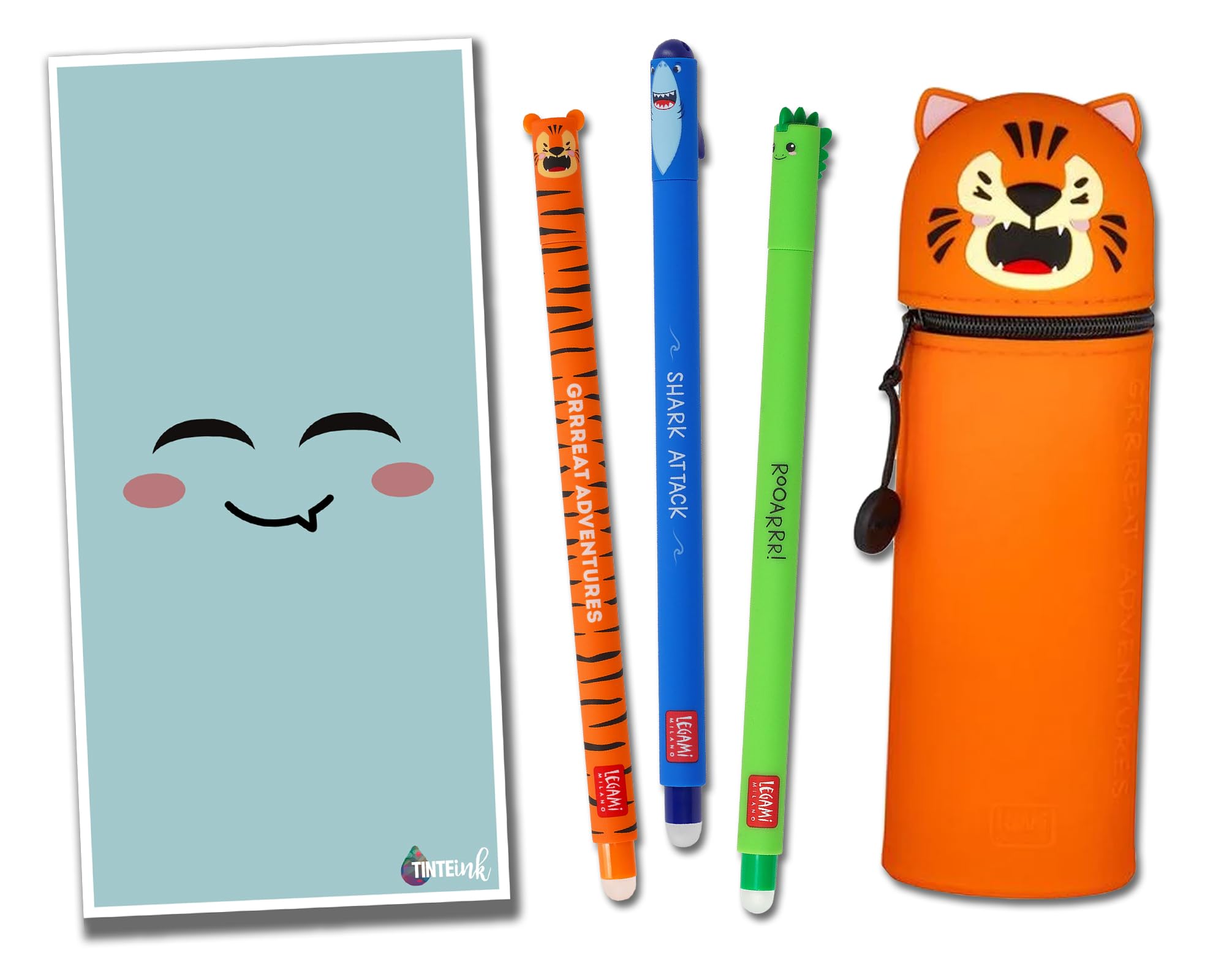 Tinte Ink Legami Erasable Pens with Matching 2 in 1 Silicone Pencil Case Gift Envelope! - Choose Cute Design! (Tiger Case Set)