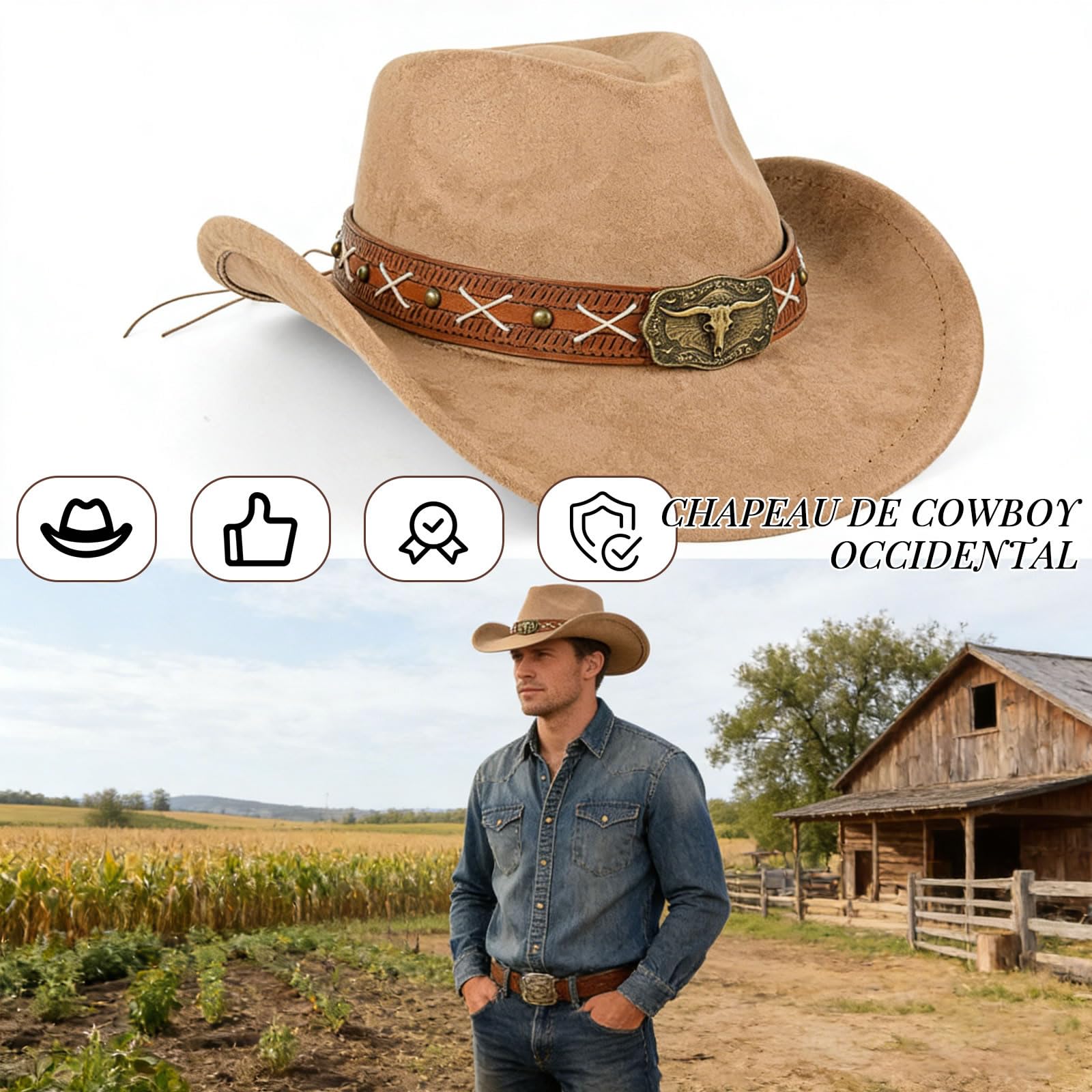 MYKAGS Chapeau de Cowboy, Unisexe, Chapeau de Cowboy Classique avec emblème métallique en Forme de Taureau, adapté Aussi Bien aux Occasions décontractées qu'aux Occasions Formelles(Chameau)