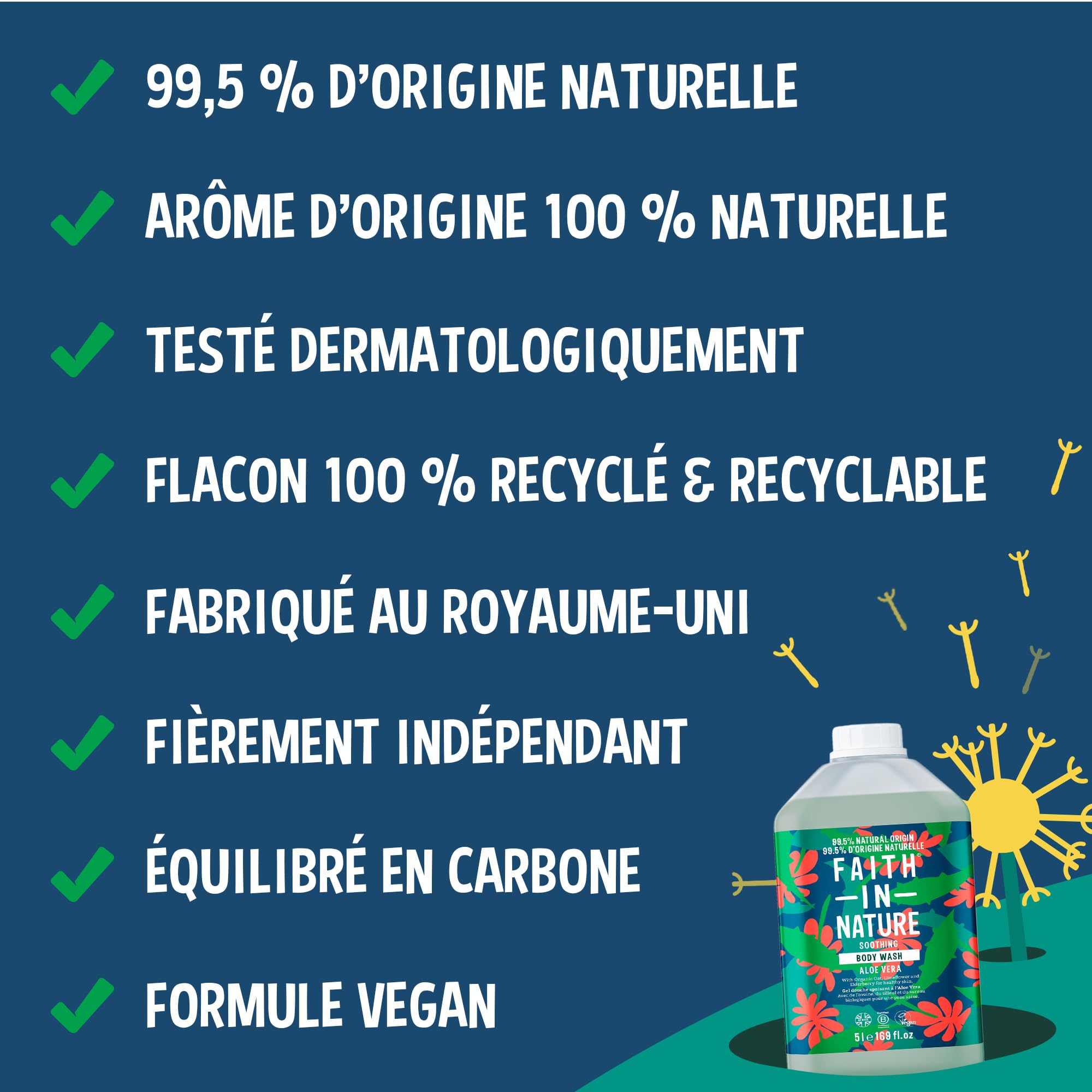 Faith In Nature Gel Douche Naturel à l’Aloe Vera, Apaisant, Végan et Non Testé sur les Animaux, Sans SLS ni Parabènes, Recharge 5 L