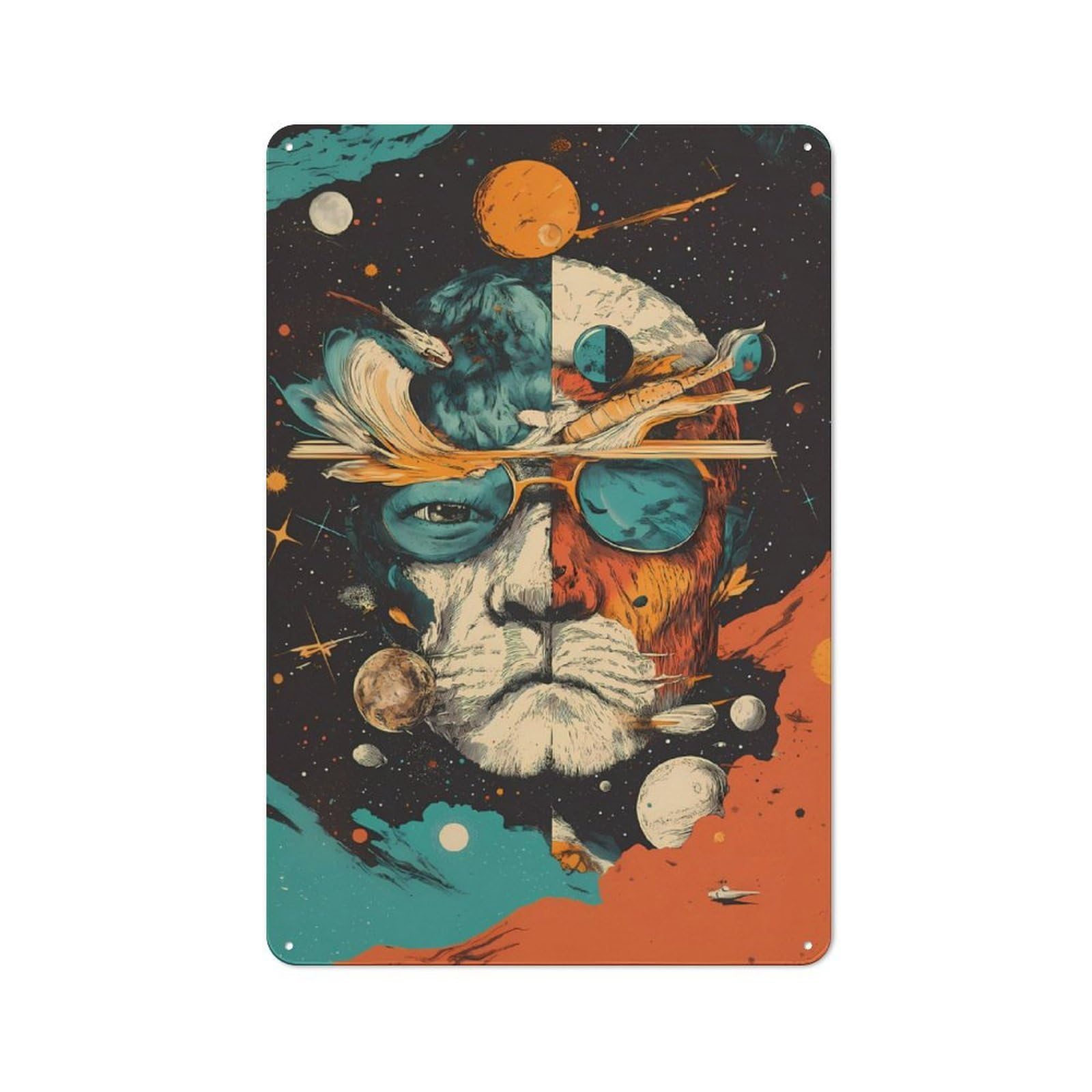 Junmoney Cosmic Lion Abstract Space Vintage Tin Wall Plaque 30X20cm For Studio Or Craft Room, For Garage, Workshop And Man Cave Decoration