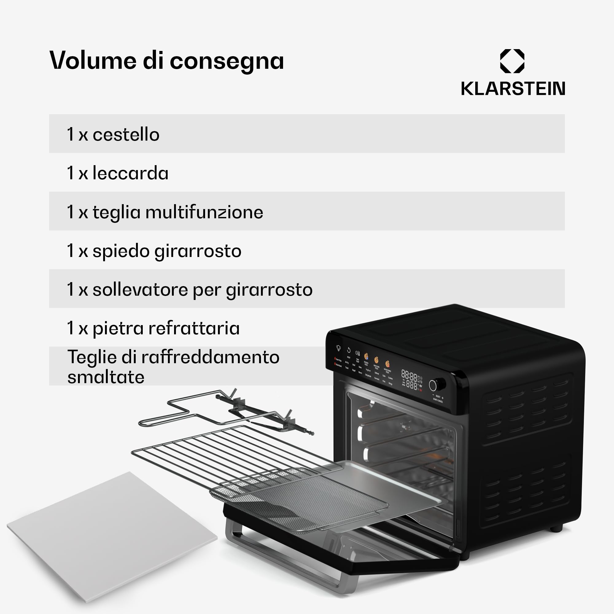 Klarstein AirGlaze - Friggitrice Ad Aria, 34L, Fornetto, 2,000W, 19 Programmi, Display Digitale, Funzione Girarrosto, Accessori Rimovibili, Sportello A Doppio Vetro, Nero