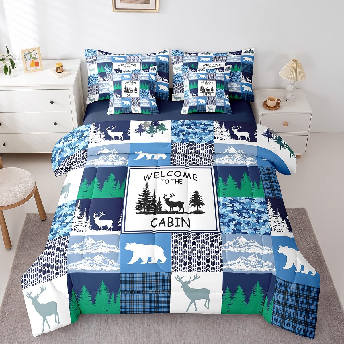 Erosebridal Lodge Cabin Comforter Set 7 Piece Bed in a Bag Twin, Wildlife Bear Elk Deer Hunting Bedding Sets Blue Camouflage Comforter and Sheet Set, Rustic Reindeer Woodland Animals Room Decor