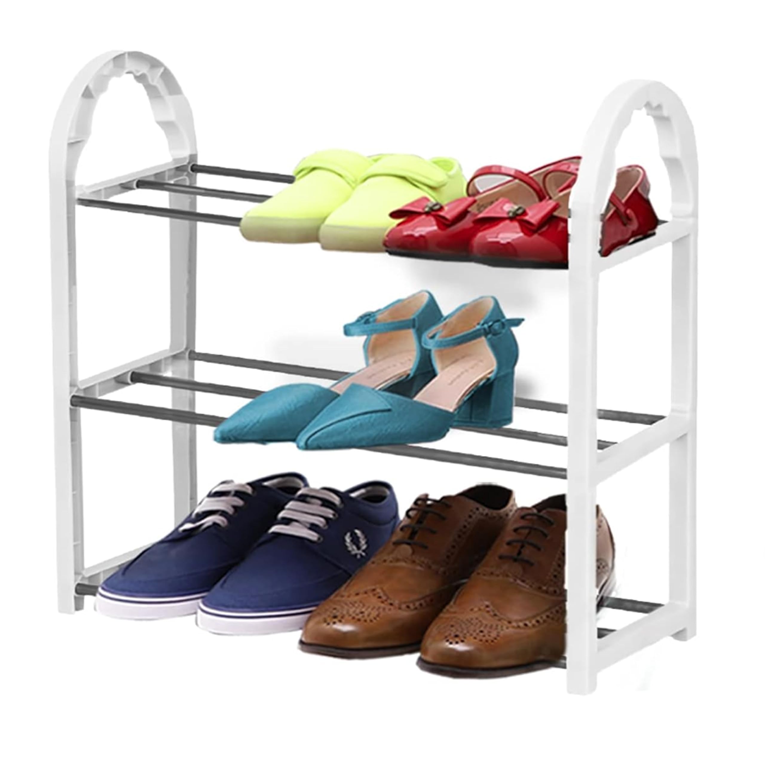AMOS Mini 3 Tier Shoe Rack – Stackable Shoe Organizer, Durable Storage Shelf for Hallway, Bedroom & Living Room, Space-Saving, Tool-Free Assembly, White & Black
