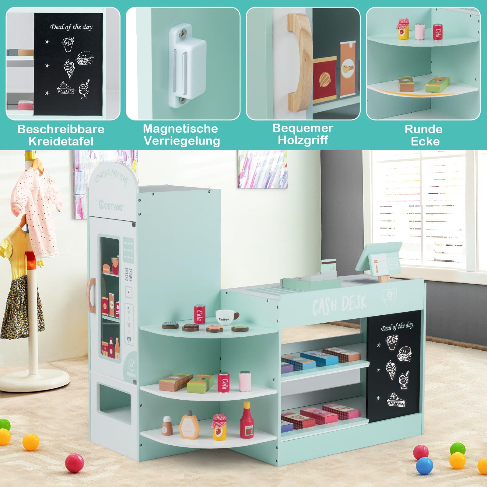 GOPLUS Kinder Kaufladen, Supermarkt aus Holz, Kaufmannsladen mit mit Kasse, POS-Automat & Verkaufsautomat, Einkaufsladen Rollenspiele mit 15 Zubehör & Tafel für Kinder von 3-8 Jahren (Minzgrün)