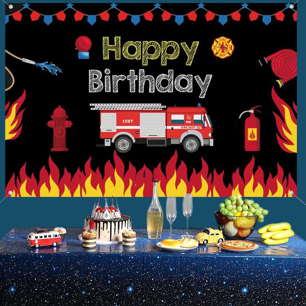 Feuerwehrauto Geburtstagsdeko – Riesiger Hintergrund-Banner Für Mottoparty (ca. 180 X 110 Cm)