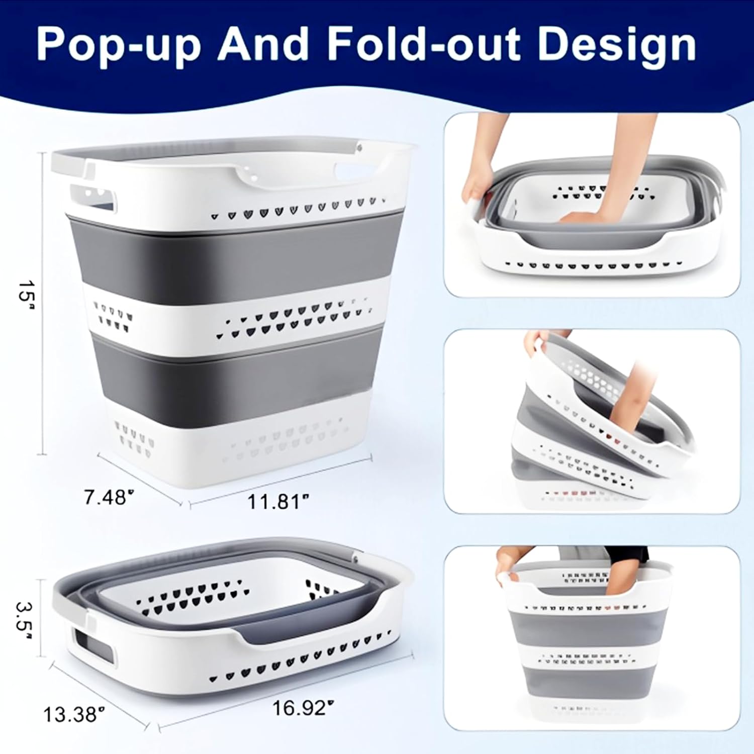Collapsible Laundry Basket with Handles, Foldable Pop Up Laundry Hamper/Storage Container, Portable Clothes Basket with Holes, Space Saving Plastic Laundry Baskets for Bathroom, Dorm (Grey)