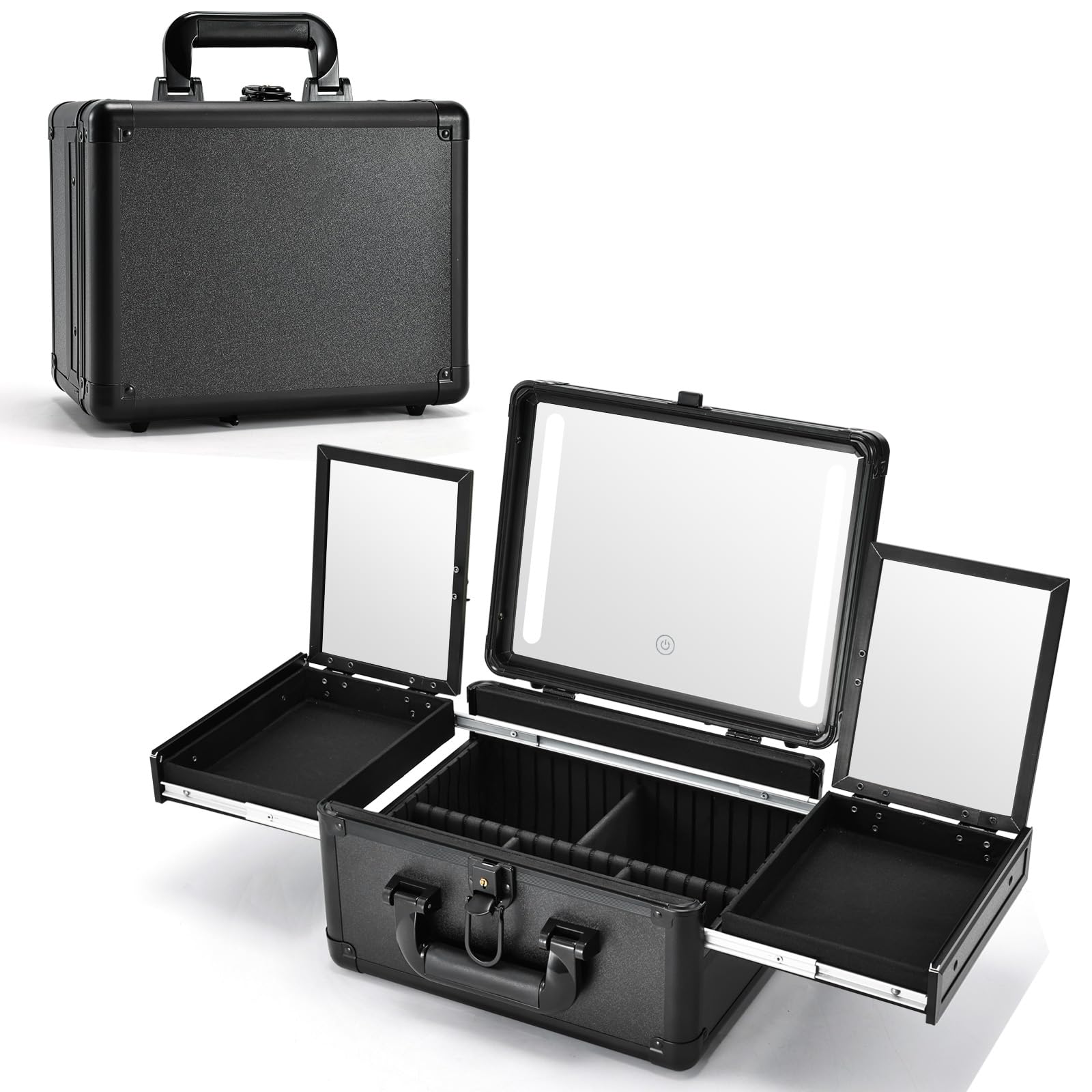 Mallette de maquillage de voyage avec miroir LED - Boîte de rangement avec séparateurs réglables et plateaux pliables - Noir mat.