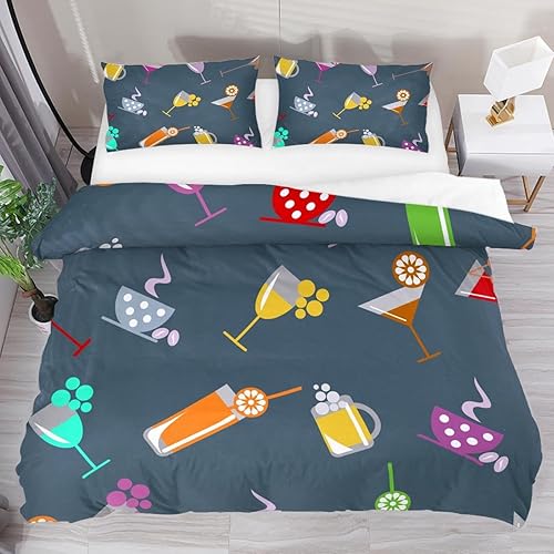 DragonBtu Bedding Duvet Cover Set Cocktail Glass Wine Beer Quilt Cover Soft Bedding Sets 3 Piece with 2 Pillow Shams for Women Men