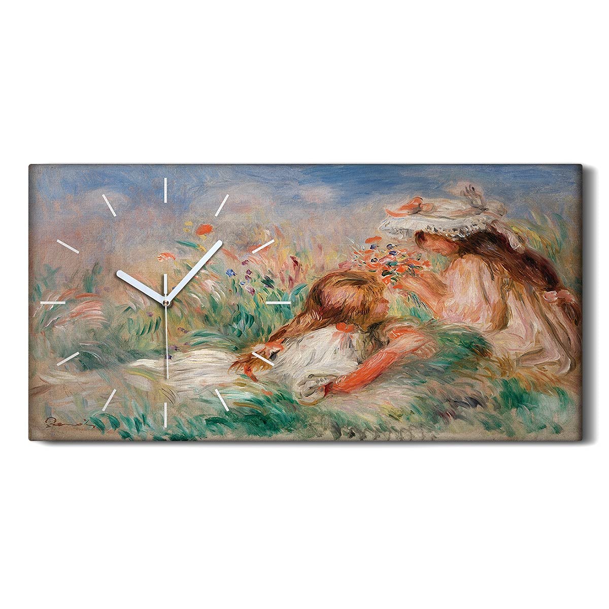 Horloge sur Toile 60x30cm Art Moderne Salon | Tableau Silencieux Abstrait Fille Fleurs