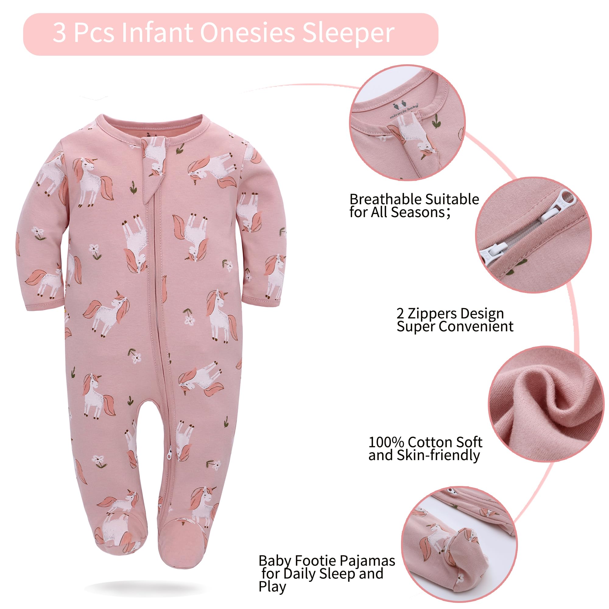 Miracle Baby 3 Pezzi Neonato Pagliaccetto con piede in Cotone, Bambino Pigiama Ragazze Ragazzi, Tutine Manica Lunga, Abbigliamento primavera autunno Bodysuit, Ceniera