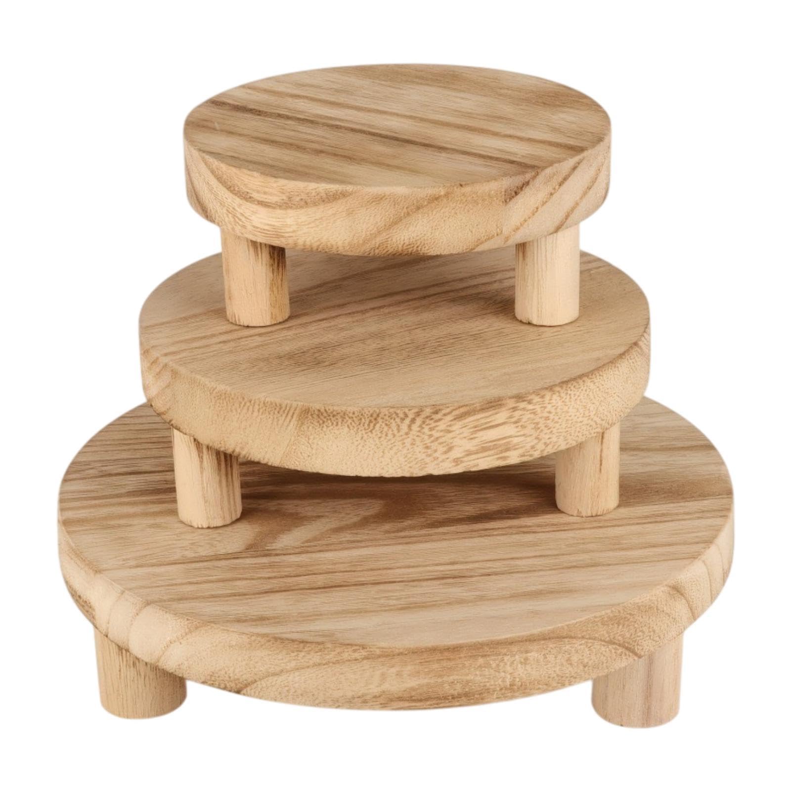 Sharplace 3 Pieces Wooden Plant Display Stand Riser Cake Stand Multipurpose 5inch 6inch 8inch Small Planter Tray for Bedroom Accessory, Light Brown