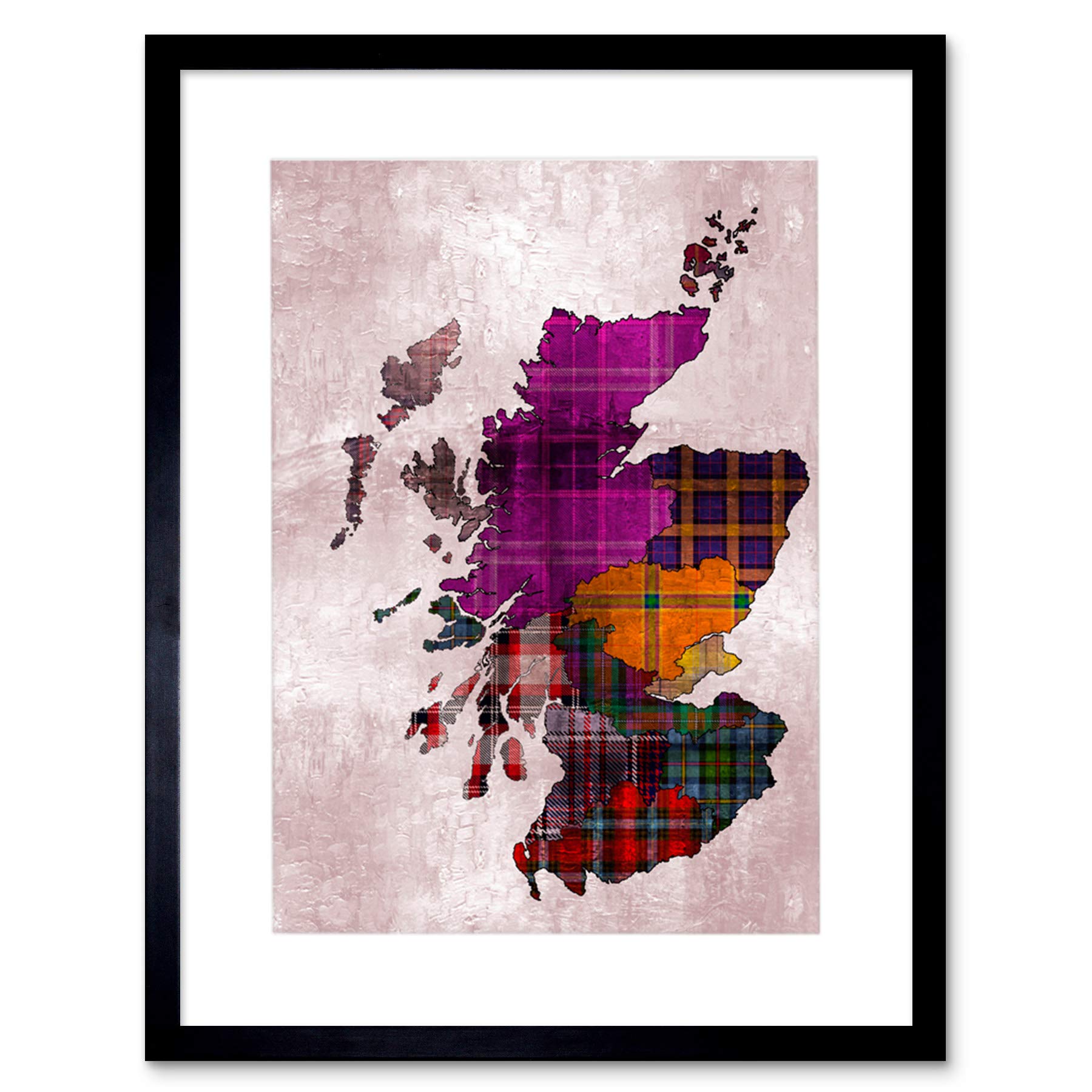 Wee Blue Coo Scotland Map Tartan Regions Artwork Framed Wall Art Print 12X16 Inch
