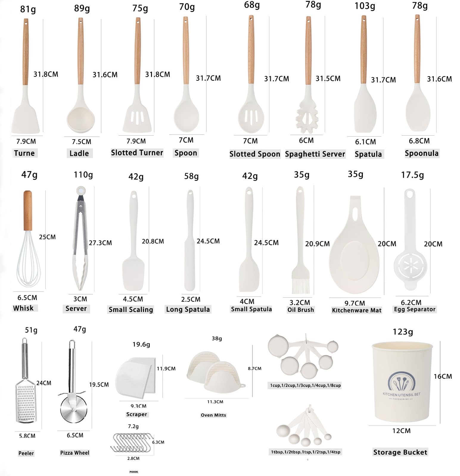 Küchenhelfer-Set,43-teilig Silikon Kochutensilien Set mit Holzgriff,hitzebeständig antihaftbeschichtet Kochgeschirr Zange Spatel Löffel Set beste Küchenutensilien mit (Khaki)