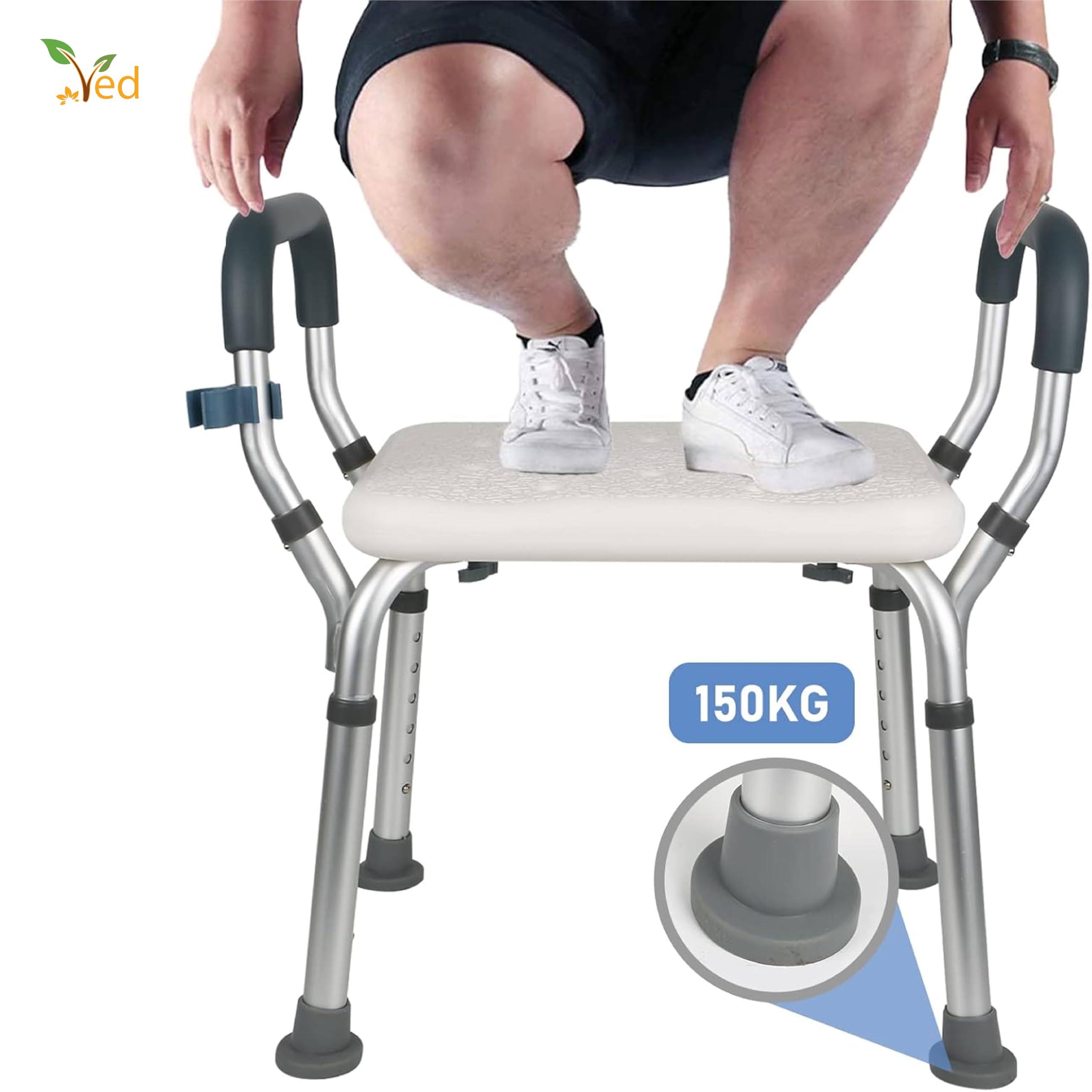 VED Sedia da doccia, sgabello da doccia regolabile in 6 posizioni con corrimano staccabili, sedia antiscivolo per anziani disabili bagno sedia panca sedile (bianco, 47x54x73-83 cm)