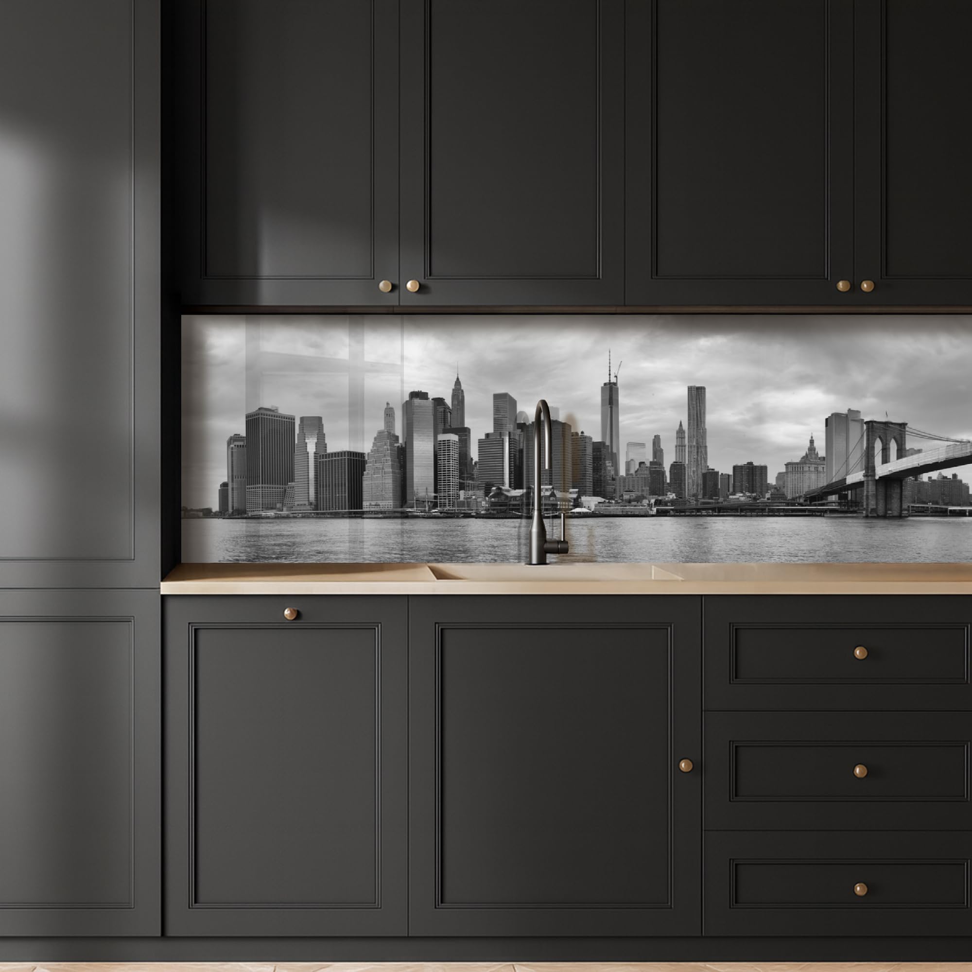 KitchenYeah© Antisalpicaduras Cocina 80x300 cm Adhesivo Salpicadero Protector Pared Salpicaduras Revestimiento Skyline - Puente - Edificios - Incoloro