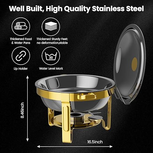 Miniatura 8 de Platos Calentadores Redondos para Buffet Paquete de 4, Chafers de 5QT y Calentadores de Buffet con 2 Guantes Resistentes al Calor, 4 Cucharas, 4