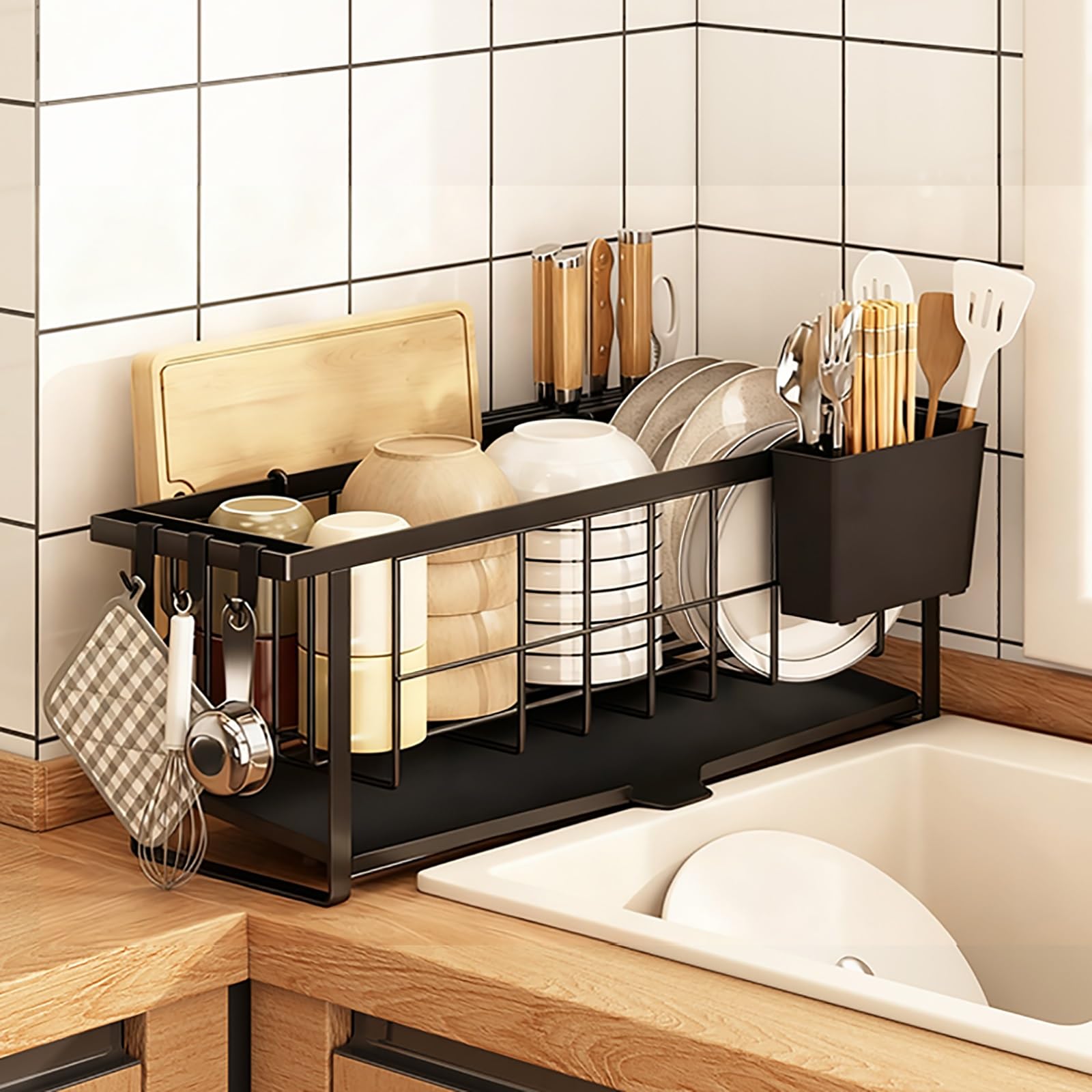 Égouttoir à vaisselle 2 niveaux en métal noir 57x21 cm pour l'organisation de cuisine