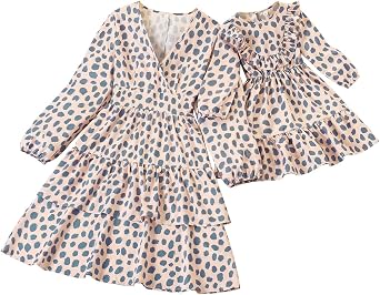 Mommy and Me Matching Dresses Floral Ruffled Long Sleeve Dress Boho Casual Mom Daughter Matching Outfits