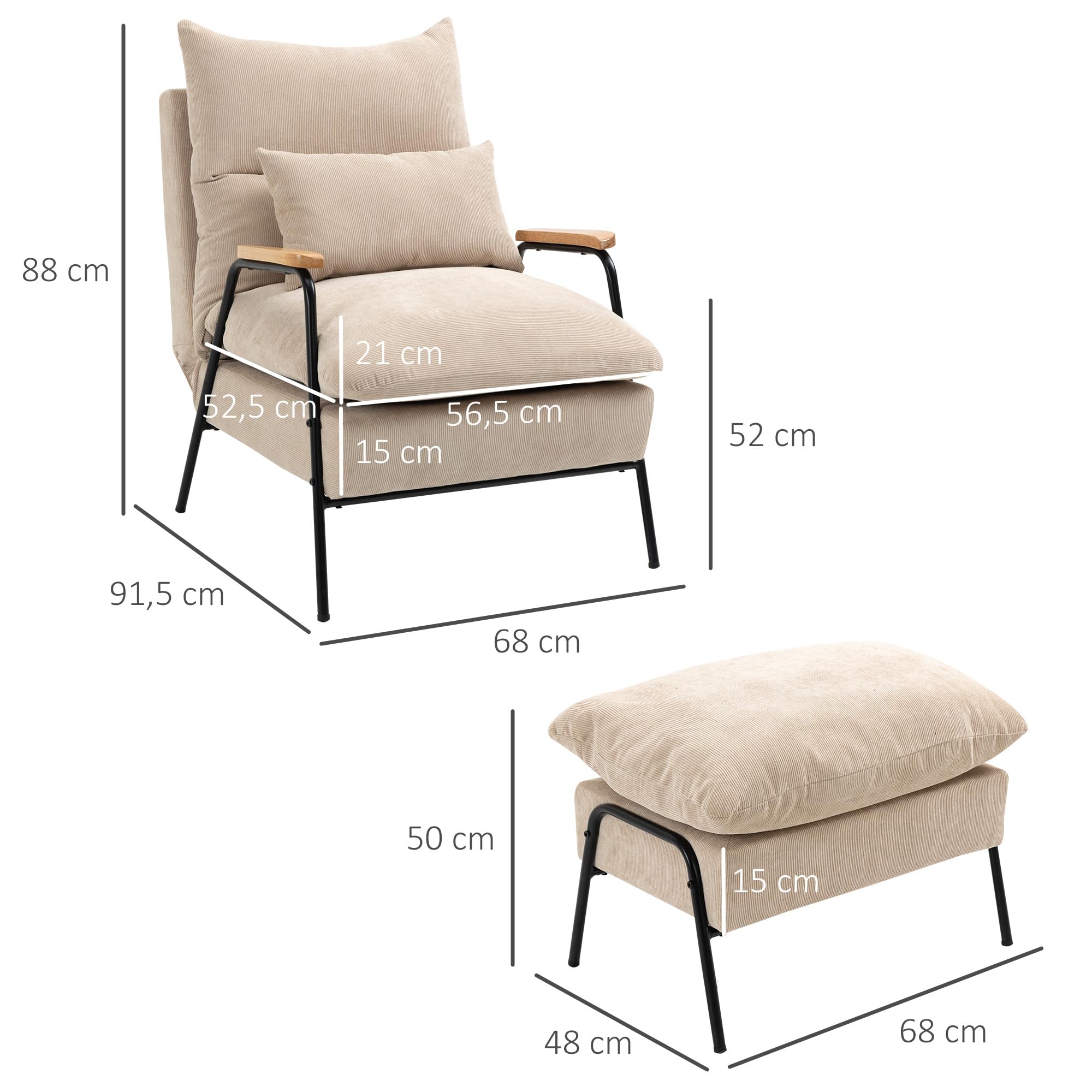 HOMCOM Sillón de Relax con Reposapiés Sillón Reclinable con Respaldo Ajustable Tapizado en Pana Marco de Acero y Cojines para Salón Dormitorio 68x91,5x88 cm Beige