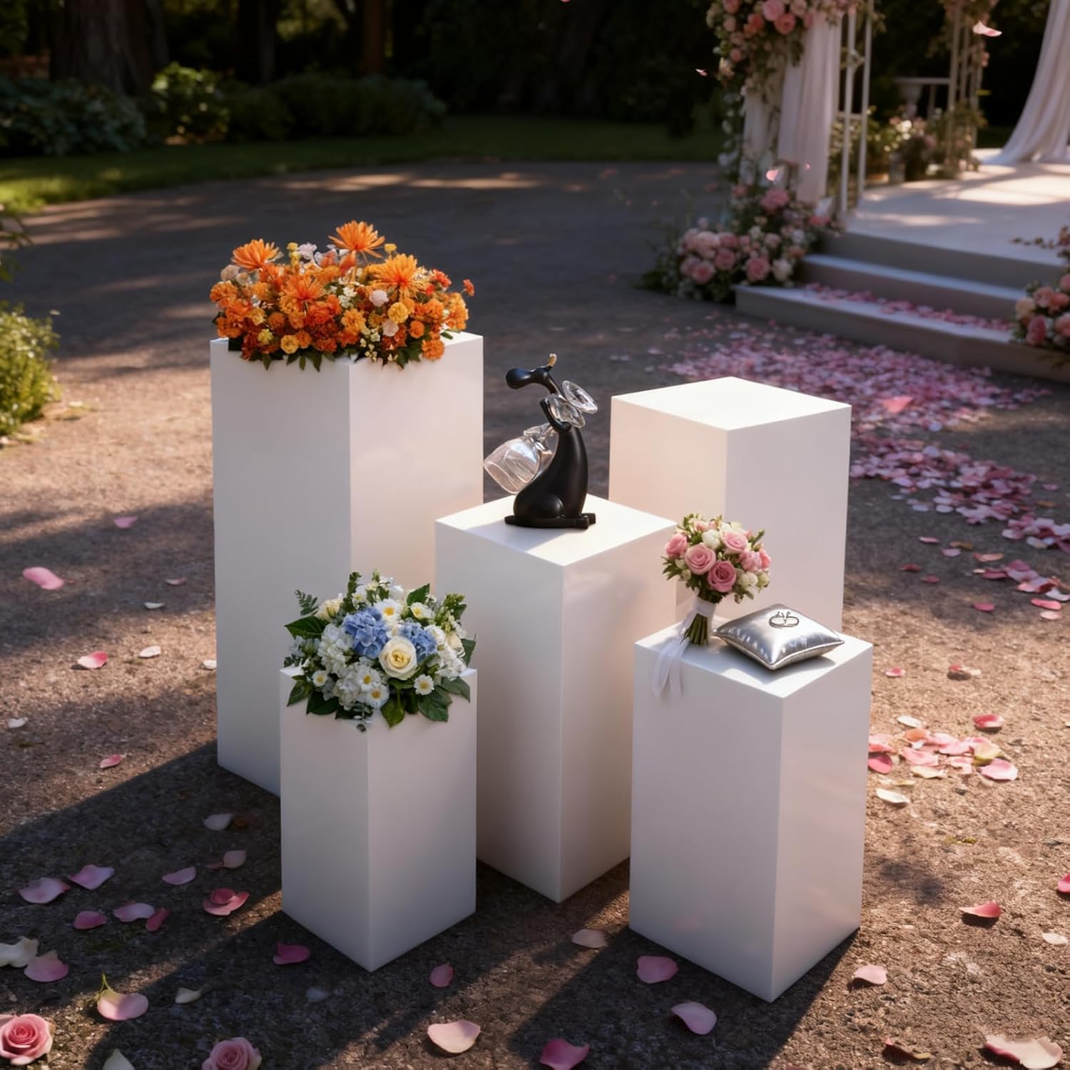 5Pcs Square Pedestal Stand, White Metal Plate Stands for Display Metal Display Plinth Pillars for Wedding Party Birthday Decor