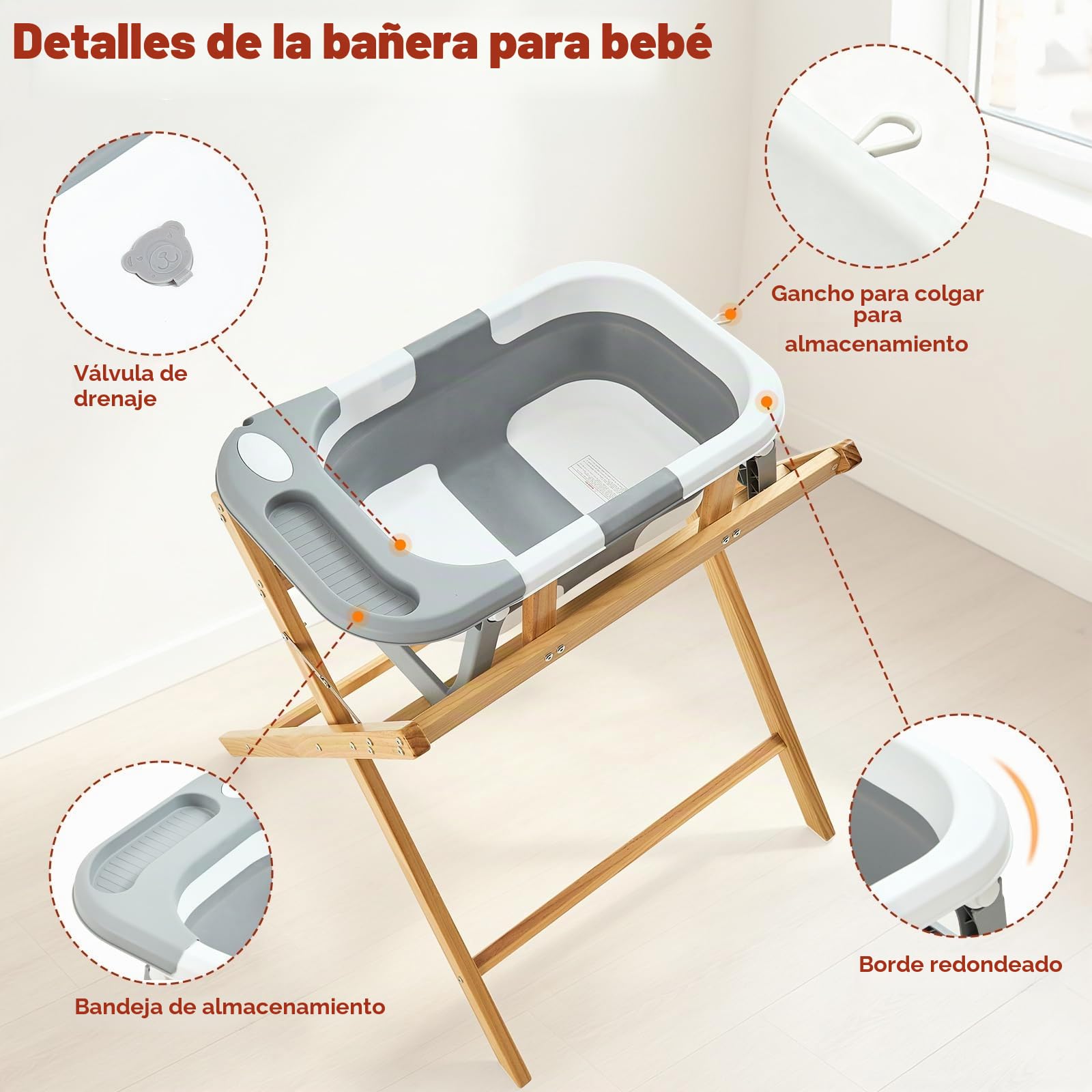 Bañera para bebés FUNLIO con soporte, bañera plegable y soporte de madera plegable para bebés de 0 a 24 meses, soporte seguro de 8 puntos, capacidad de 50 kg — Ergonómica y cómoda para la espalda