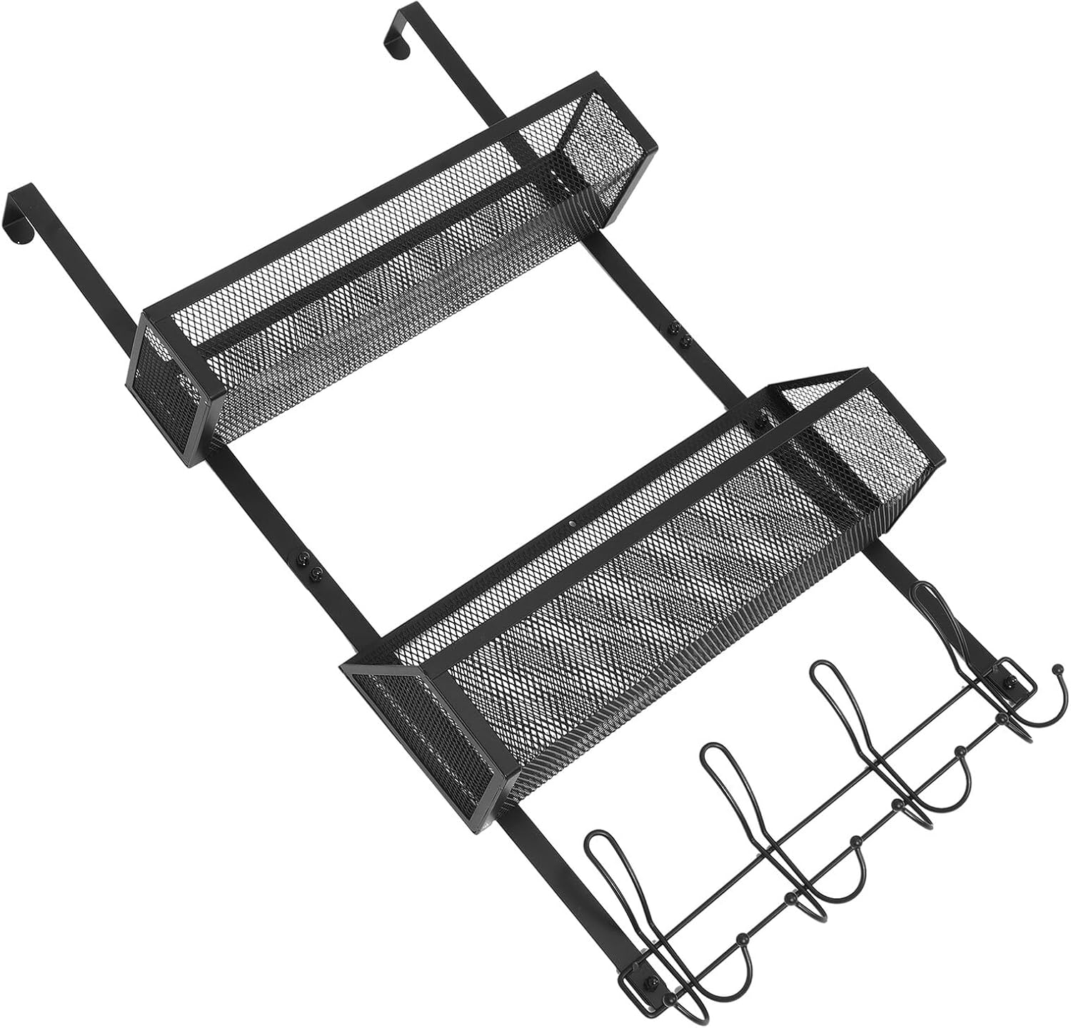 Door Hanging Basket Organizer Mesh Storage Rack Black Double Layer Door Hanger Organizer for Kitchen Bathroom Bedroom Utility Storage