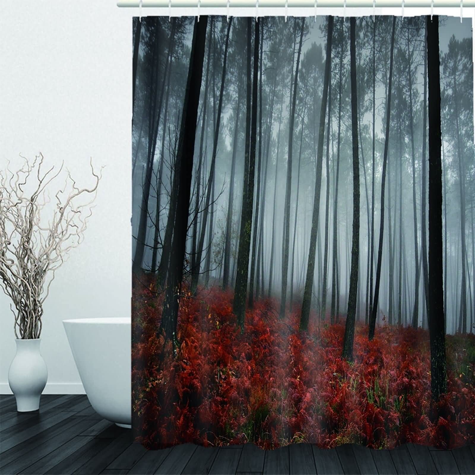 Black Red Bathroom Shower Curtain Liner, Polyester Shower Curtain Waterproof Tree Forest Shower Curtain Washable 71X71 Shower Curtain