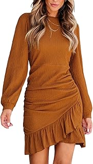 CUPSHE Women Knit Ruched Fall Dress Smocked Ruffle Hem Crew Neck Long Sleeve Bodycon