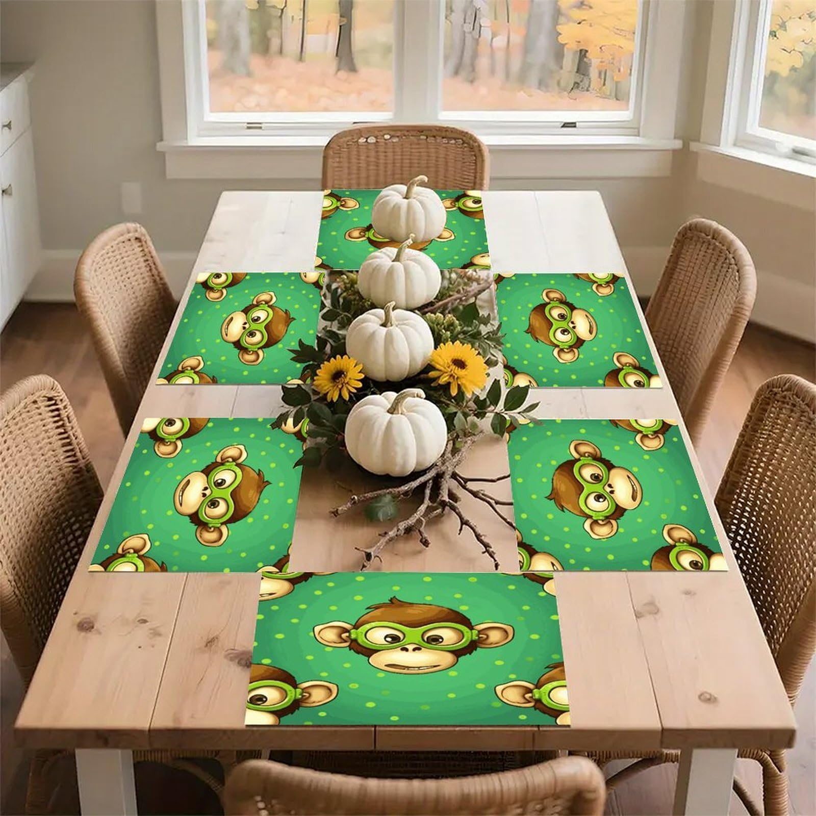 Green Clever Monkey Placemats Wipeable Heat Resistant Table Mats Washable Flax Place Mats Elegant Cloth Non-Slip Placemat for Kitchen Dinning Party Table Decor 12 * 18 in