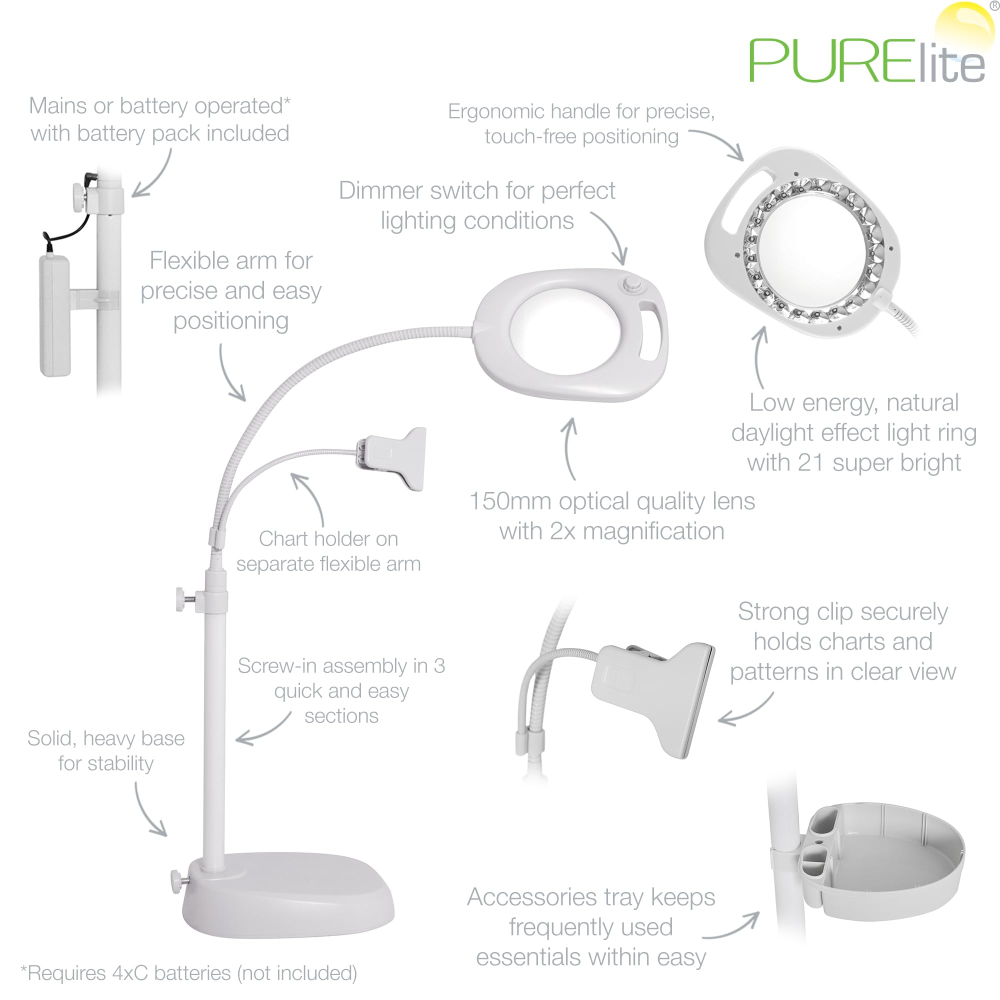 Purelite - Lámpara con lupa 4 en 1 (con estante, atril y ledes de intensidad regulable) Con enchufe alemán.
