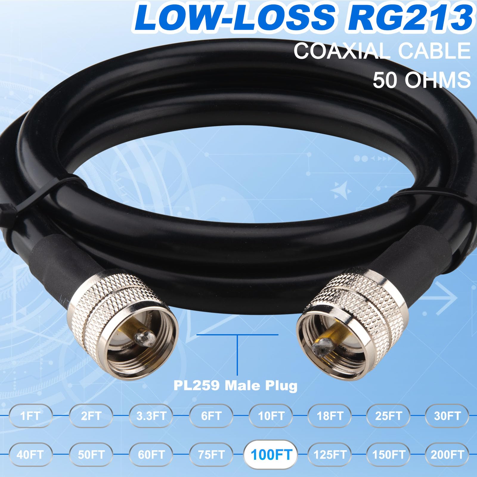 PL259 RG213 Câble coaxial CB 30,5 m Ultra faible perte 50 Ohm | RG-213 UHF PL259 Câble coaxial mâle vers mâle pour antenne radio CB Ham