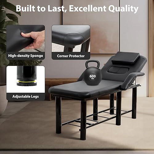 Miniatura 4 de Mesa de masaje estacionaria, cama de masaje con estante de almacenamiento, cama facial de spa con cojines para el pecho y reposacabezas extraíbles