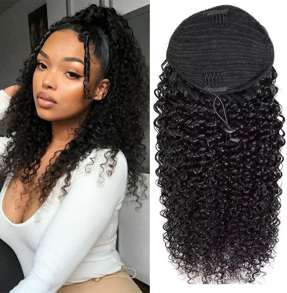 Datanala Kinky Curly Ponytail Extensions Brazilian Virgin Curly Human Hair Drawstring Ponytail Clip in Hair Extensions Natural Black Color(18inch Kinky Curly Ponytail)