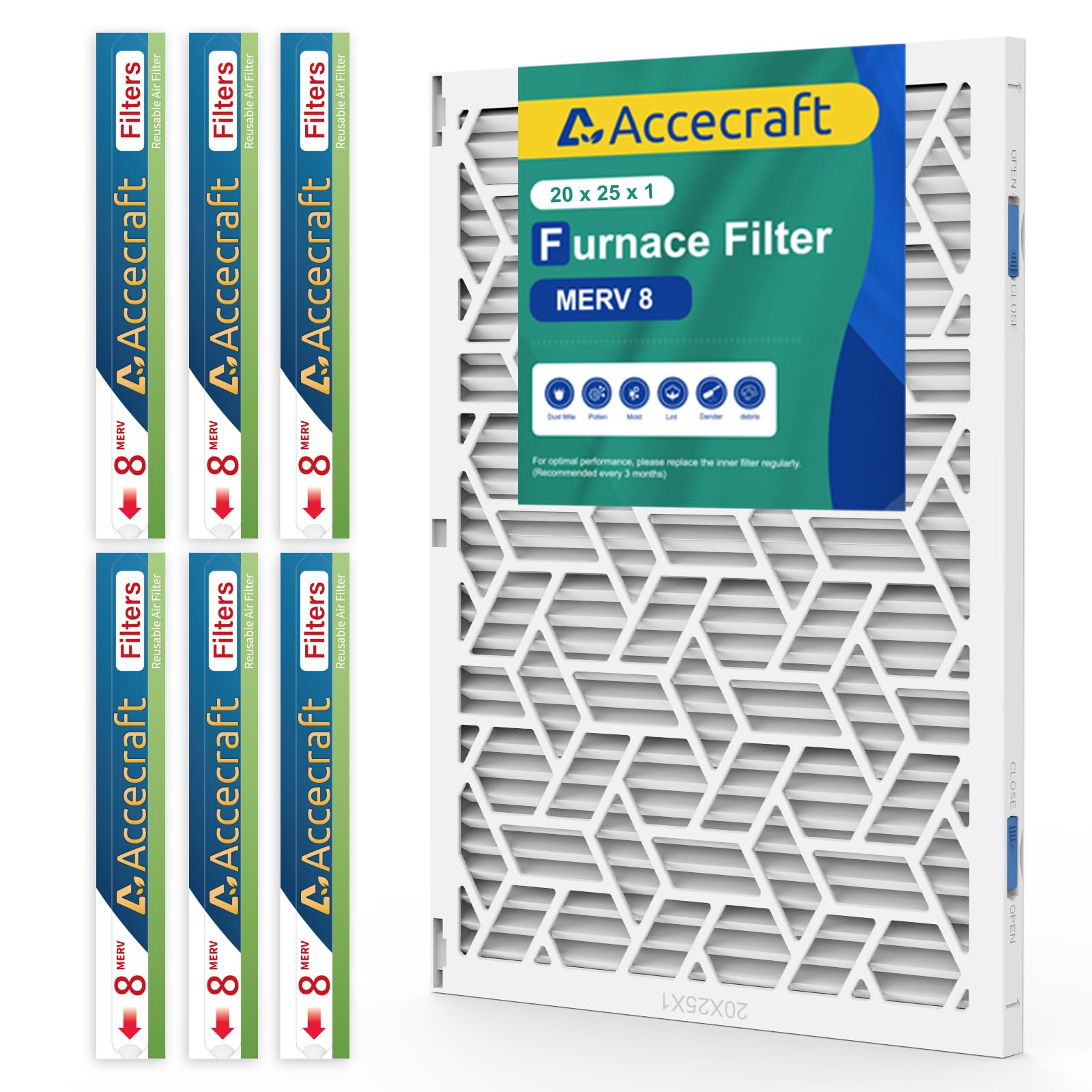 Accecraft 20x25x1 Furnace Air Filter Kit MERV 8 (6-Pack), Reusable ABS Plastic Frame, Pleated AC/HVAC Furnace Filter - Enhanced Indoor/Home/Office Air Quality(Actual Size: 19.60x24.60x0.87Inch)
