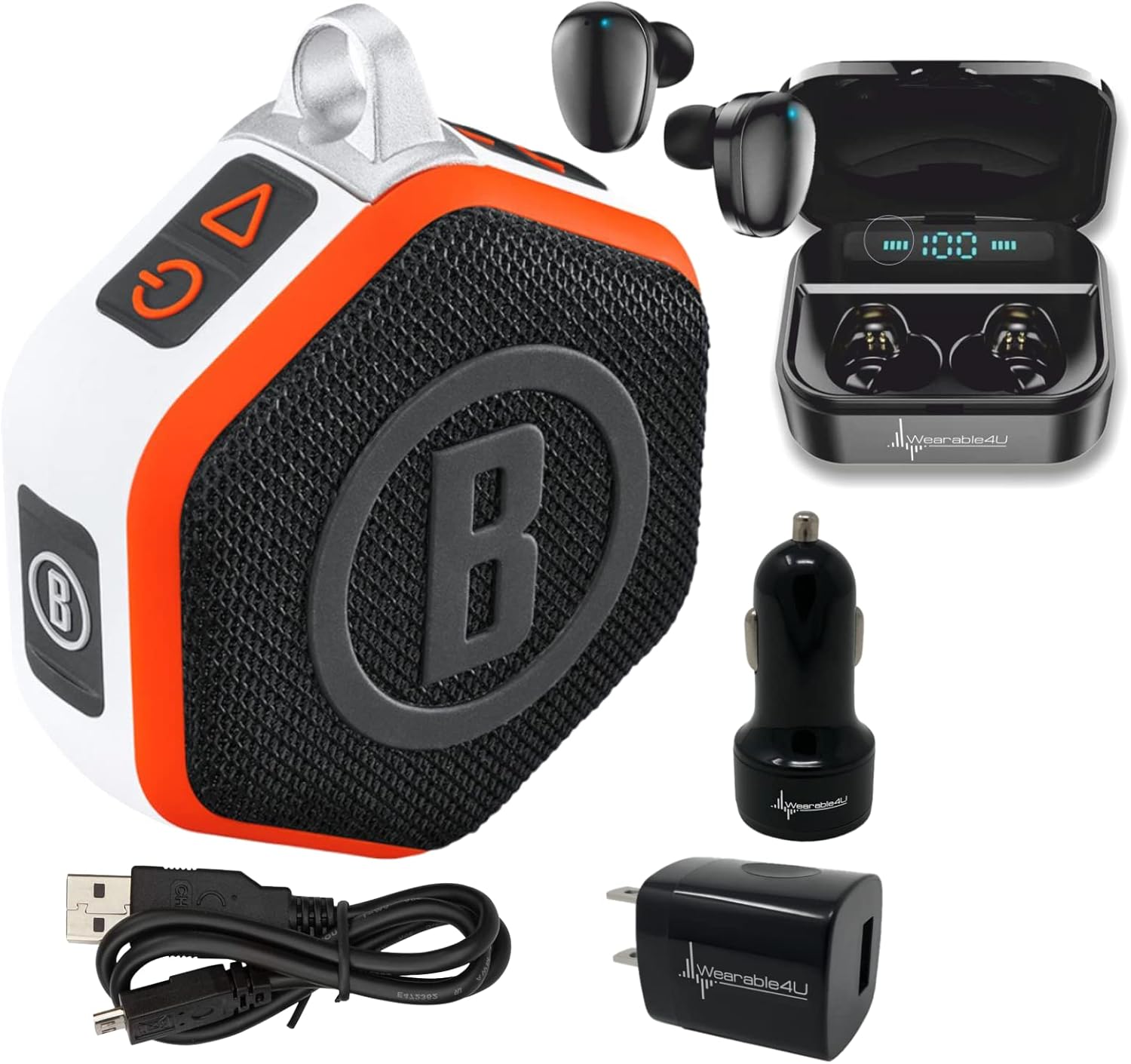 Wearable4U - Bushnell Wingman Mini Orange/White GPS Bluetooth Speaker with Ultimate Black Earbuds and Wall/Car Chargers Bundle