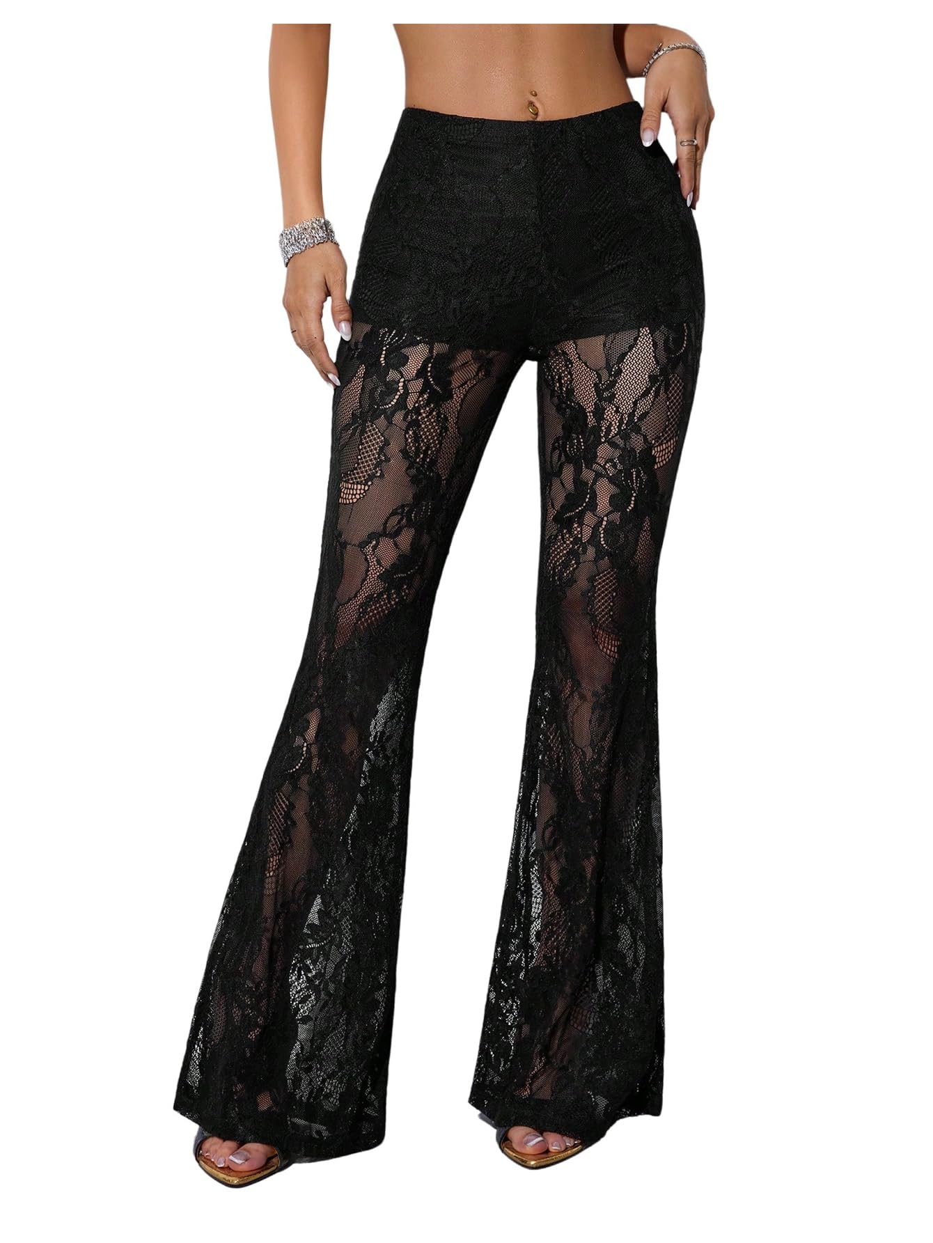 GORGLITTER Womens Gothic Lace Pants Sheer Mesh Flare Pants High Waisted Long Trousers Bell Bottoms