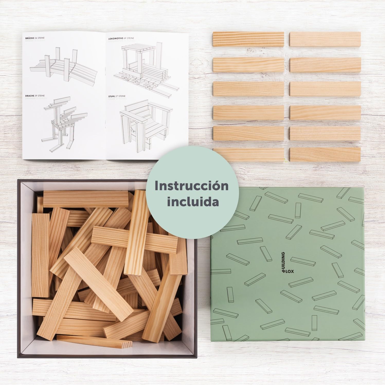 Laleni Bloques Madera construcción niños 220 Piezas Color Natural + 90 de Colores - Juego Bloques Madera y Caja - construcciones de Madera - Piezas Madera construcción niños - Bloques de Madera Pino