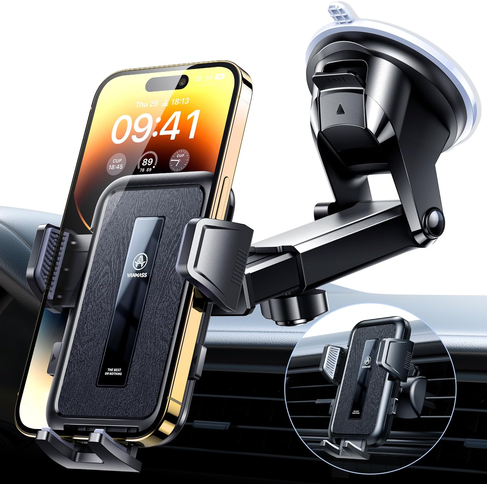VANMASS トゥルーアップグレード [トップミリタリーグレード] 車用携帯電話ホルダー [2024年最強吸引&クリップ] 携帯電話 車載マウント フロントガラスダッシュボード ベントトラックスタンドクレードル iPhone 16 Pro Max 15 14 13 Android用